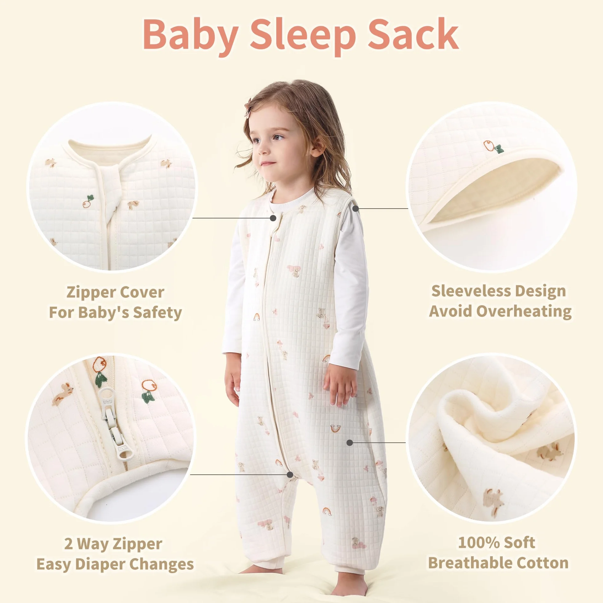 Śpiwór niemowlęcy z nogawkami, 1,5 TOG, 100% bawełna, całoroczny śpiwór, śpiwór dla niemowląt z nogami (królik, S/6-18)