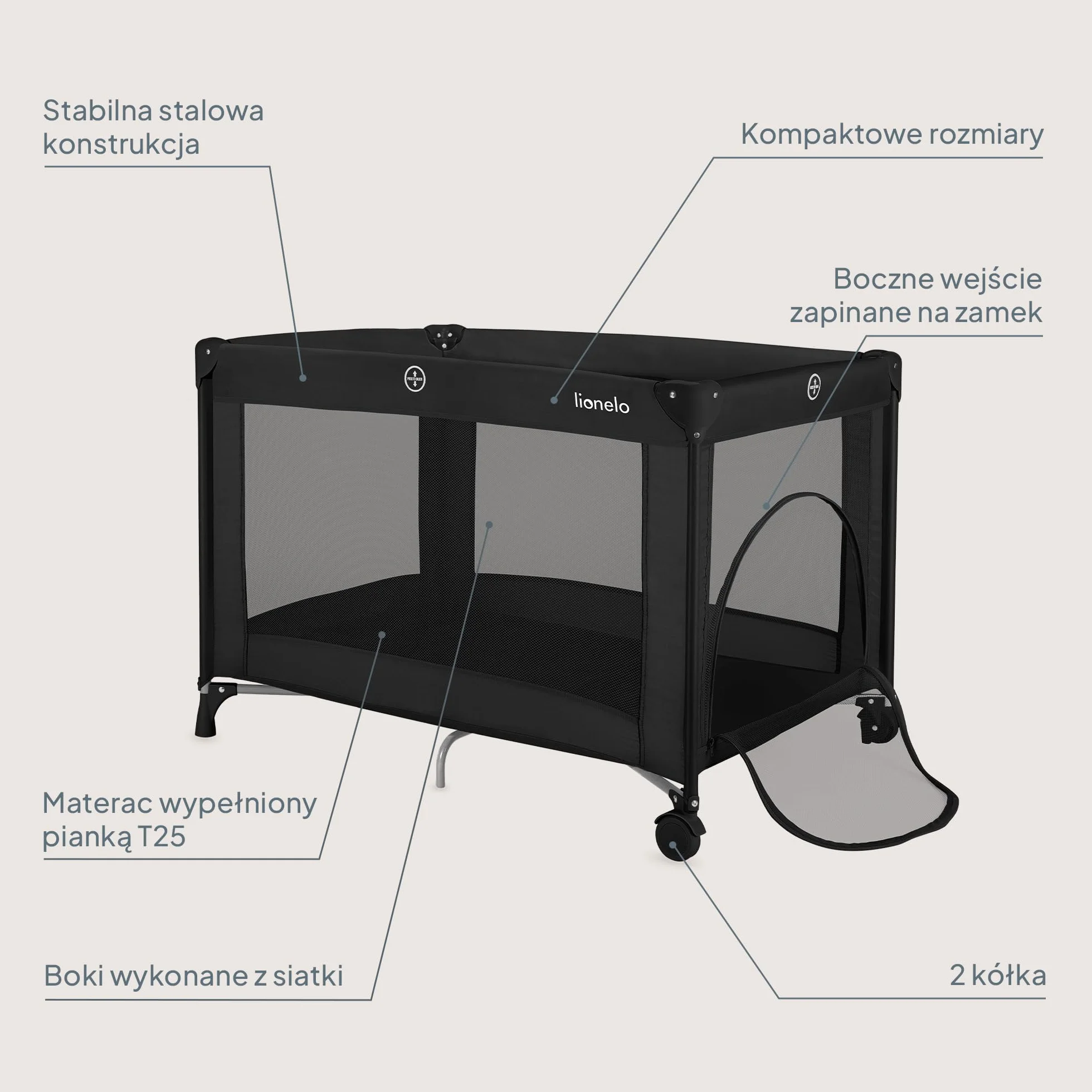 Lionelo Amelie dziecięce łóżeczko podróżne od urodzenia do 15 kg, małe, składane, miękki materac składany, 100,5 x 70,5 cm, 2 koła, boczne wejście, torba podróżna