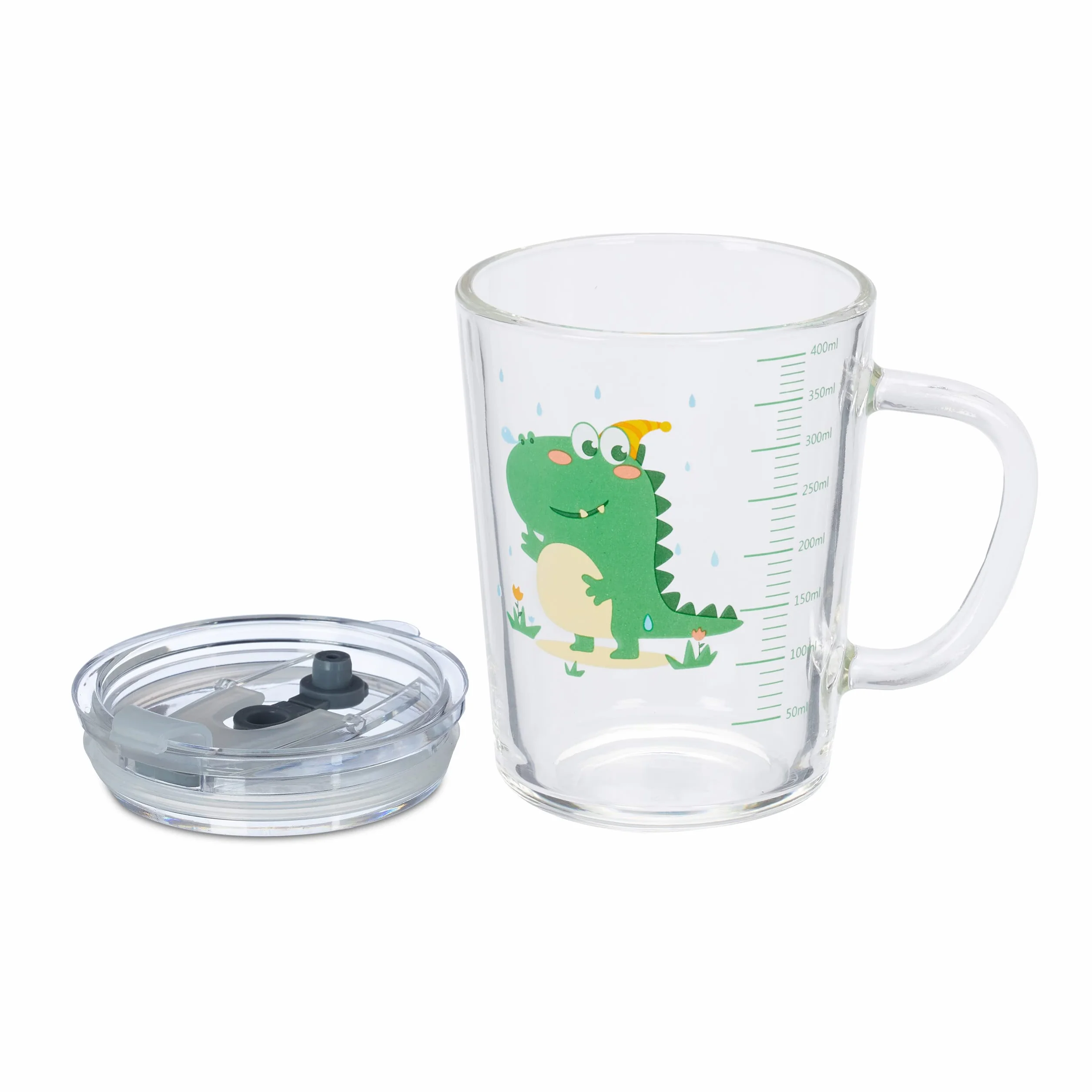 Relaxdays Zestaw 2 szklanek dla dzieci motyw dinozaura 400 ml przezroczyste z uchwytem pokrywką słomką