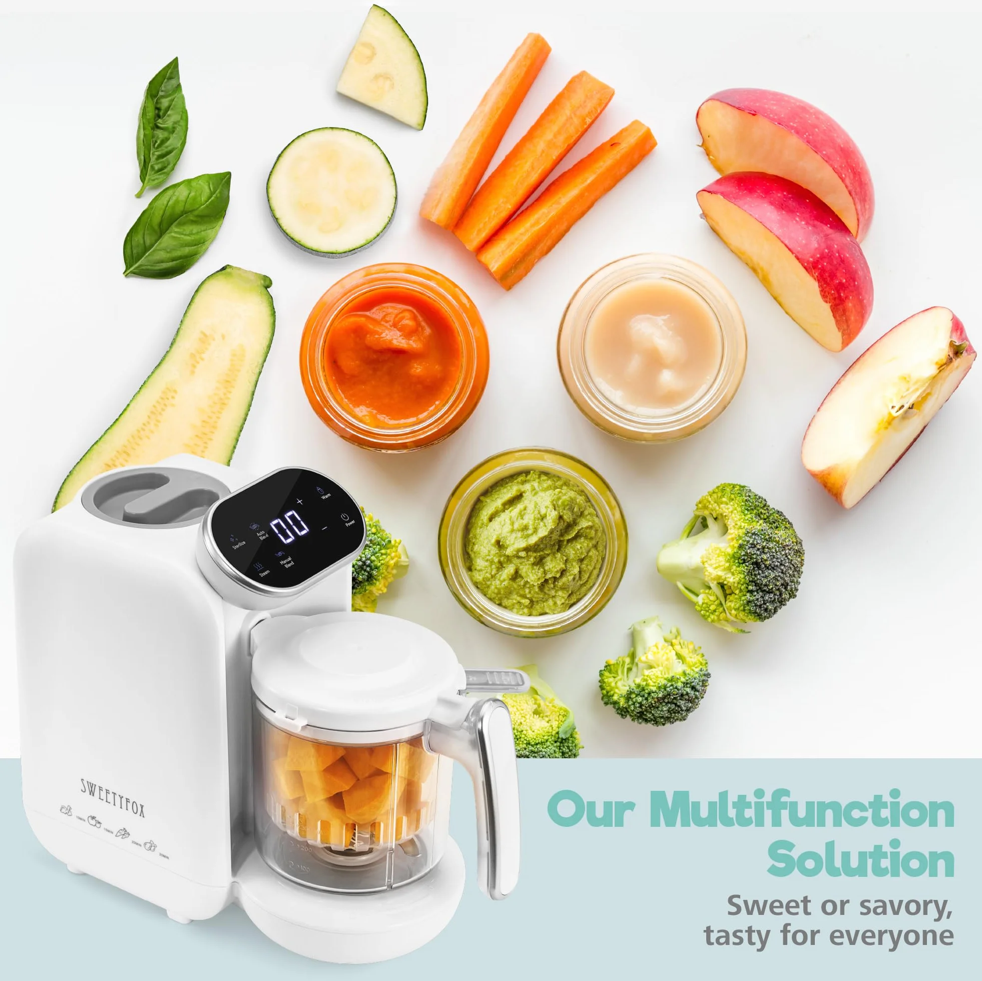 Sweety Fox - Blender z kuchenką dla niemowląt - 7 funkcji - Gotowanie na parze, Blender, Puls, Możliwość czyszczenia, Sterylizacja, Podgrzewanie, Rozmrażanie - Robot Kuchenka dla dzieci