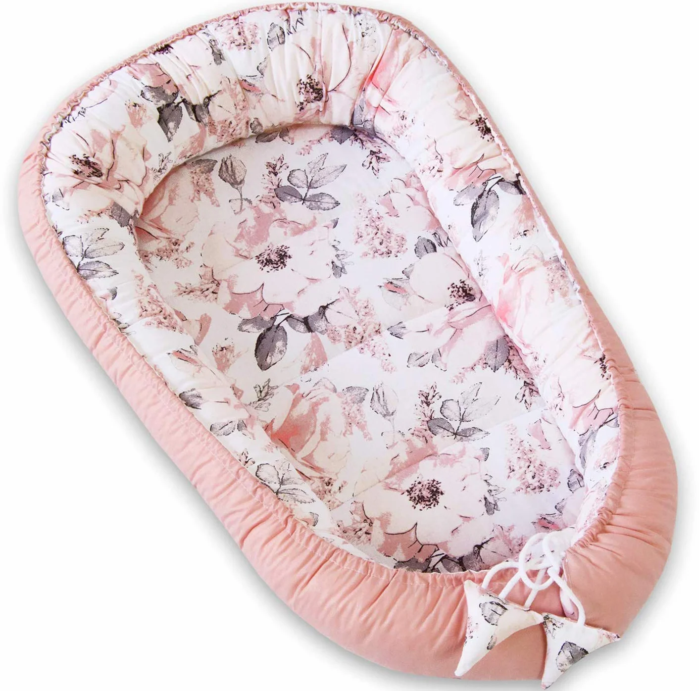 PIMKO Gniazdko niemowlęce do przytulania dla niemowląt, kokon dla niemowląt i noworodków, 100% bawełna, odpowiednie do domu, 55 x 90 cm, różowy/kwiaty