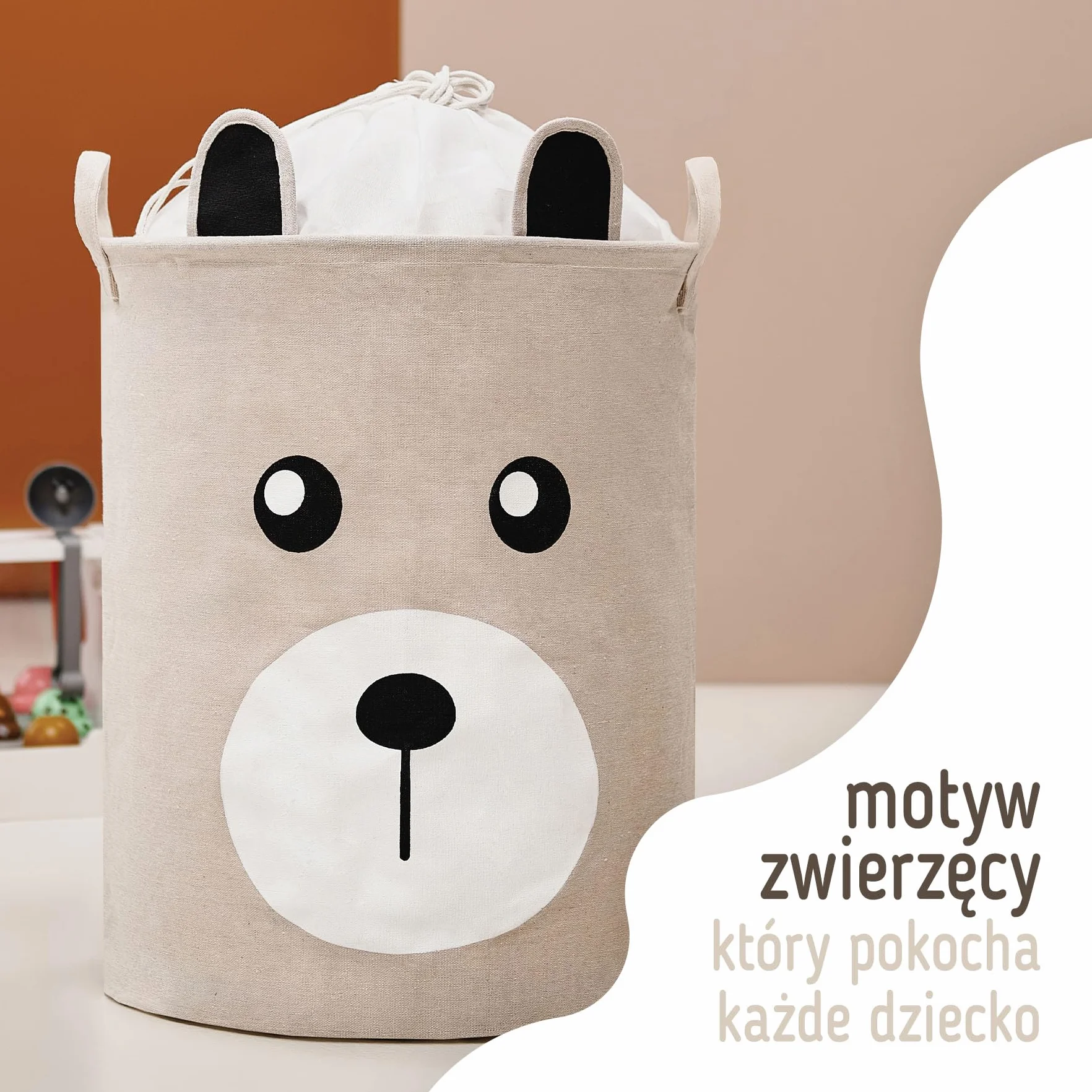 SIPO Kosz Do przechowywania Zabawek Do Pokoju Dziecięcego Bawełniany Składany Wodoodporny Na pranie Organizer Na Zabawki Zamykany Na Ściągacz z Uchwytami Beżowy Miś Duży Rozmiar XL Neutralny