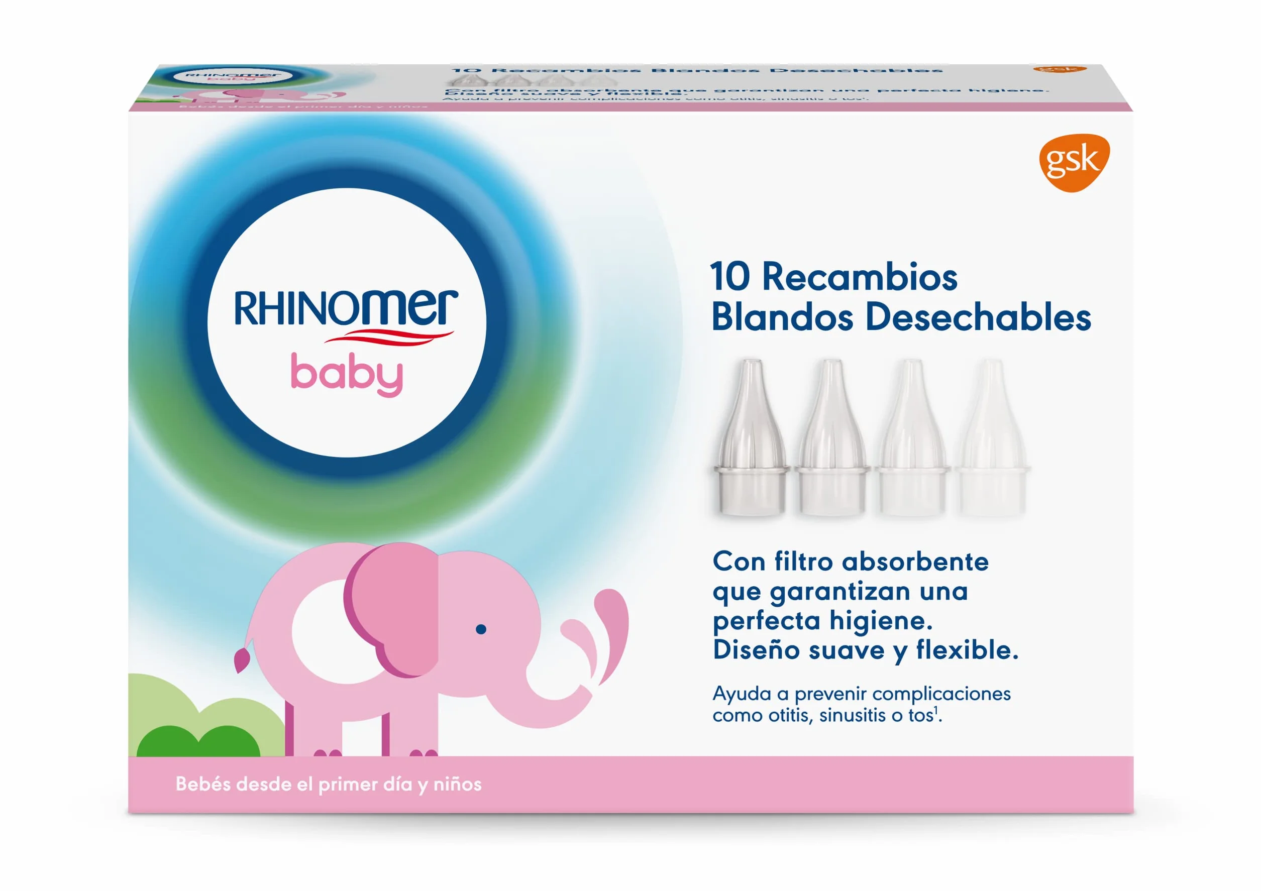 Rhinomer Baby Narhinel Comfort, 10 jednorazowych miękkich wkładów do aspiratora do nosa, najlepsze dopasowanie do nosa dziecka, z filtrem pochłaniającym śluz