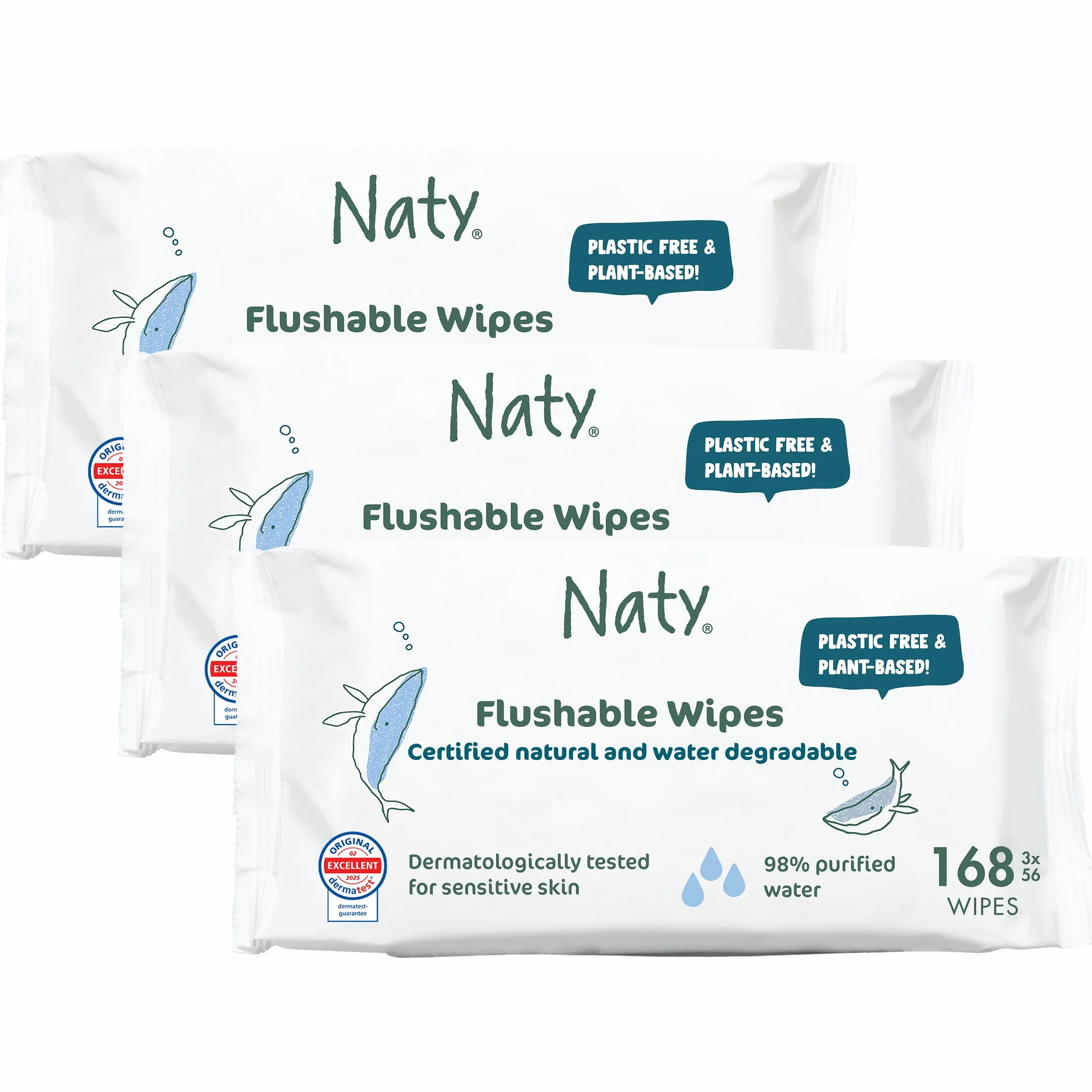 Chusteczki Nawilżane Spłukiwalne | 98% Wody, Hipoalergiczne & Naturalne dla Wrażliwej Skóry | Bez Zapachu, Roślinne | Delikatne Chusteczki Noworodek & Małe Dziecko | 168 sztuk (3 op.)