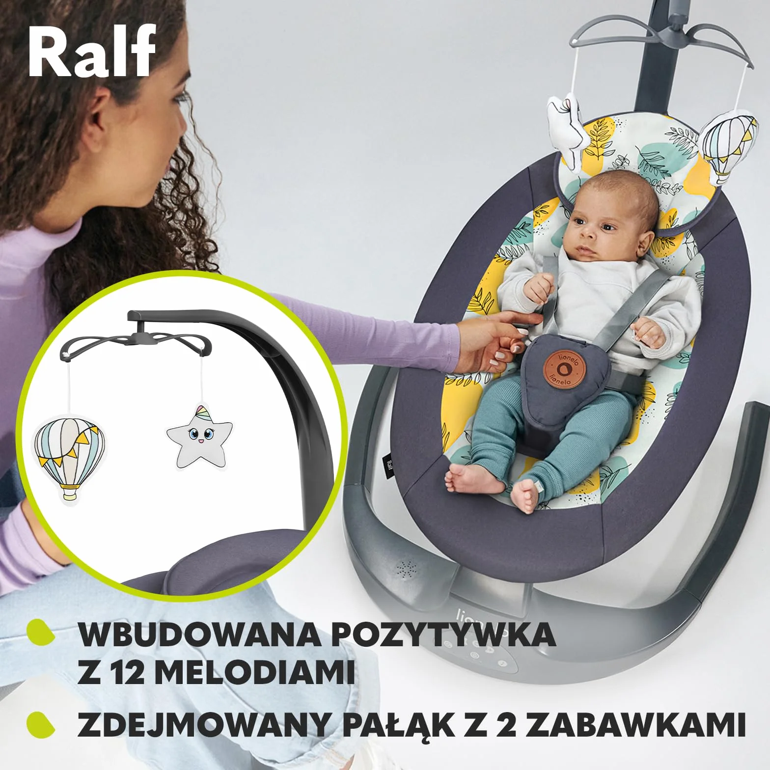 LIONELO Ralf 2w1 bujaczek i leżak dla dzieci, pilot, 12 melodii, 5 prędkości bujania, szary
