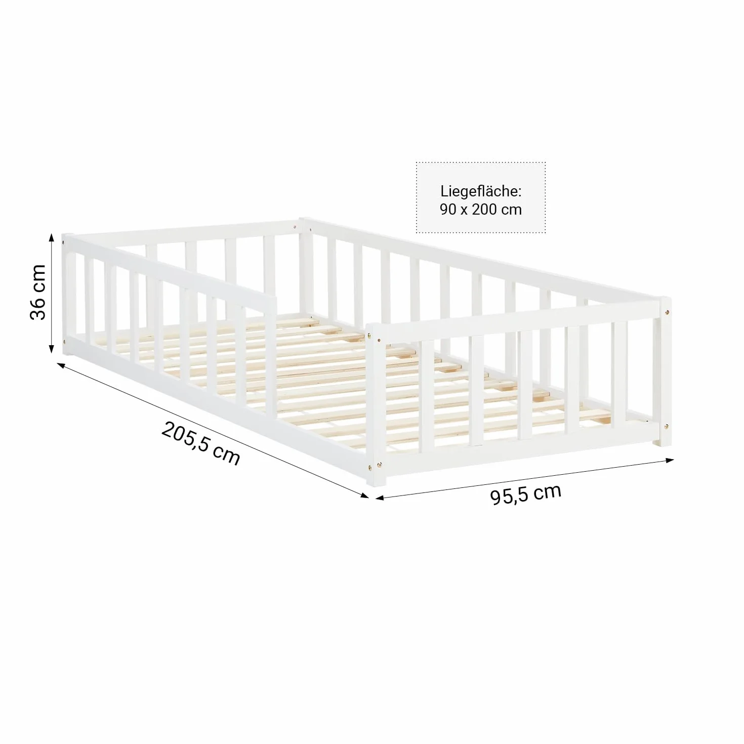 Homestyle4u 2523 - Łóżko dziecięce - z ochroną przed upadkiem - 90 x 200 cm - Łóżko podłogowe Montessori - Stelaż listwowy - Biały