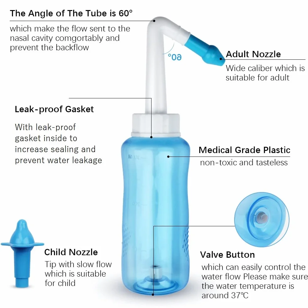 Neti Pot butelka do płukania zatok, myjka do nosa, płukanie ciśnieniowe, nawadnianie nosa, dla dorosłych i dzieci, bez BPA, 300 ml, z 40 pakietami soli do płukania nosa (40 sztuk)