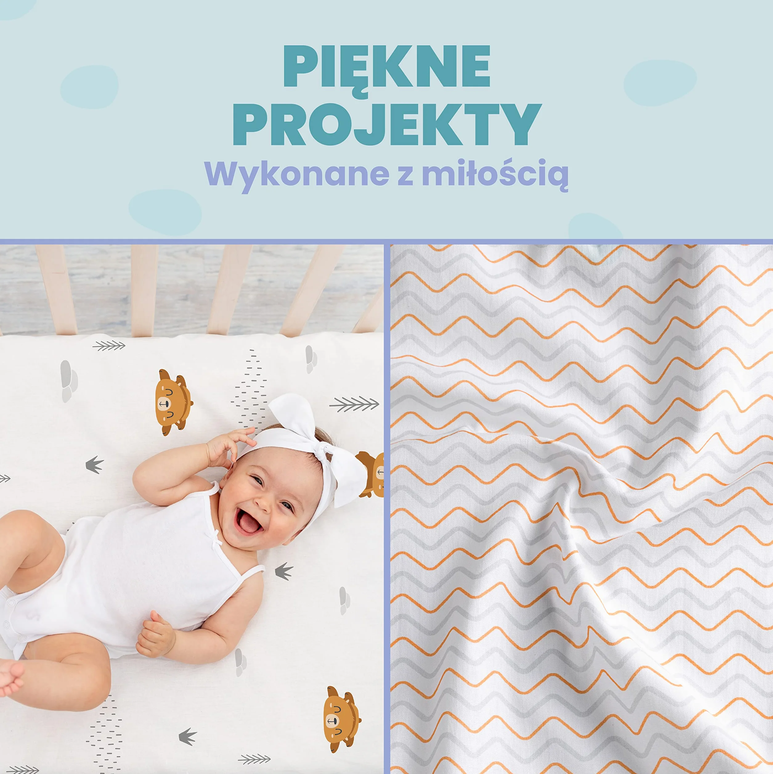 Zestaw 2 x 100% Bawełniane Prześcieradła z Gumką - 1 x 100% Wodoodporny Pokrowiec na Materac - Zestaw 3-50x83cm - Miś