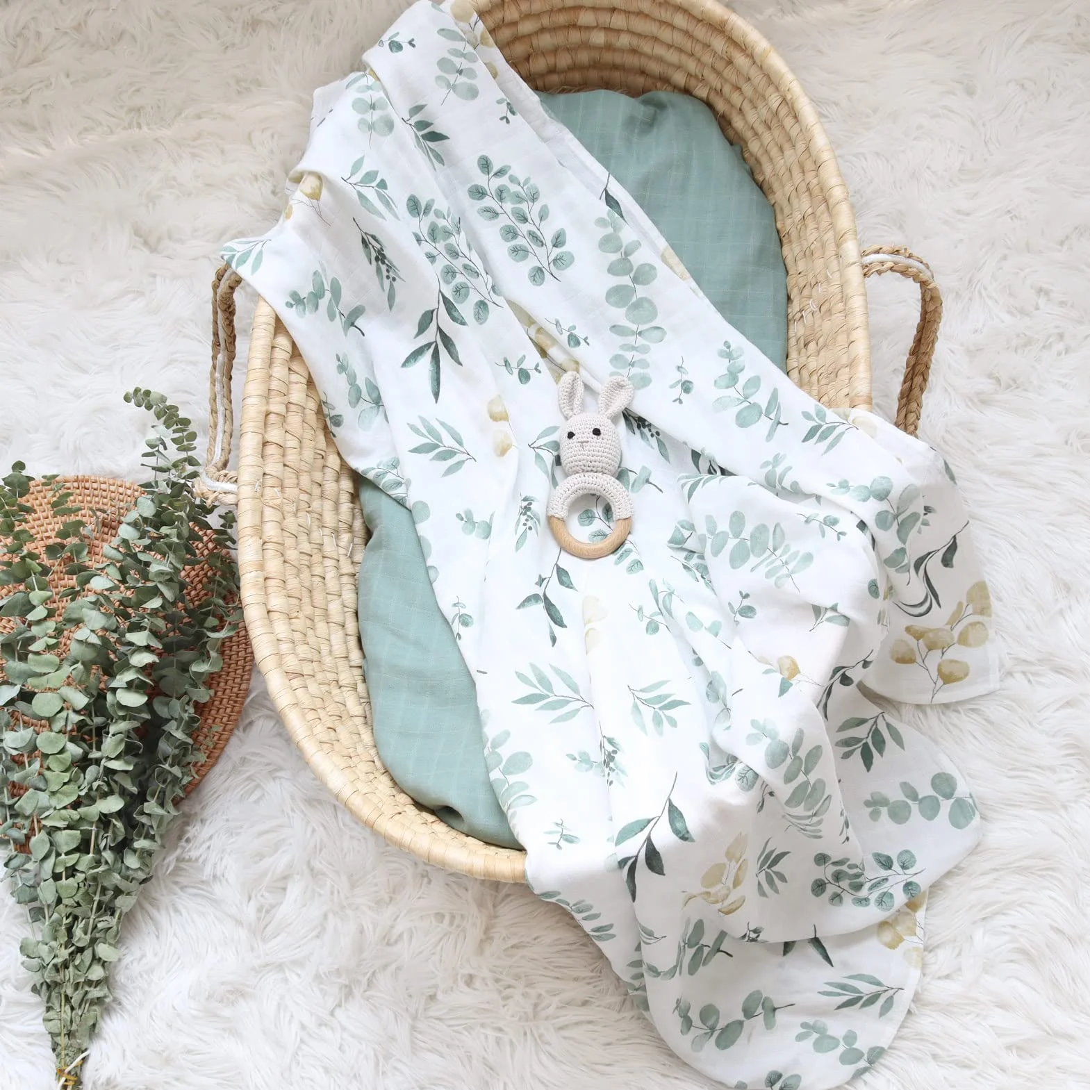 LifeTree pokrowce muślinowe, miękkie muśliny, bawełna bambusowa 120 cm x 120 cm unisex muślin, liście eukaliptusa i rzymska zieleń