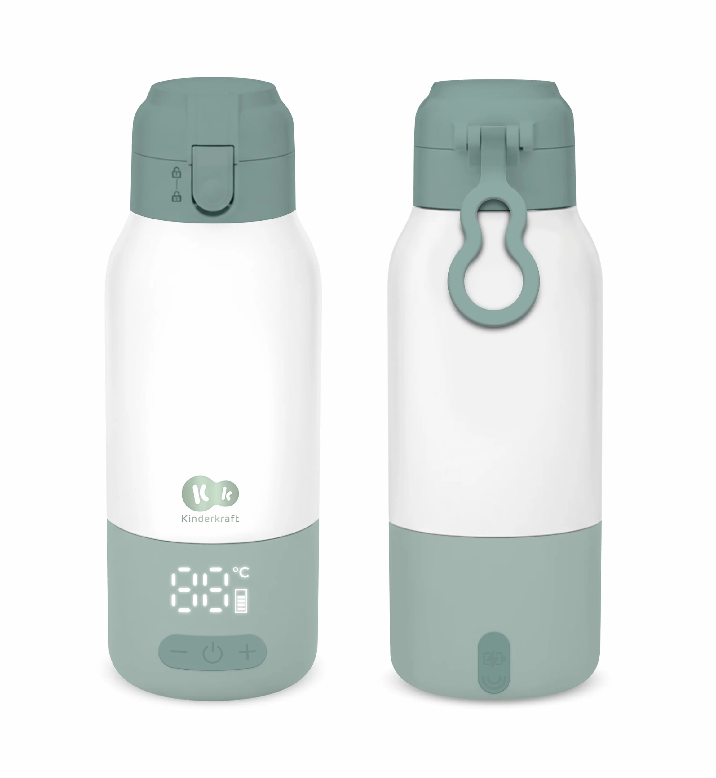 Kinderkraft GAJA Mobilny Podgrzewacz do Mleka i Termos 2w1, 500 ml, 5 zakresów temperatur, do 20h trzymania ciepła, odłączana bateria, do 10 cykli, USB-C, Zielony