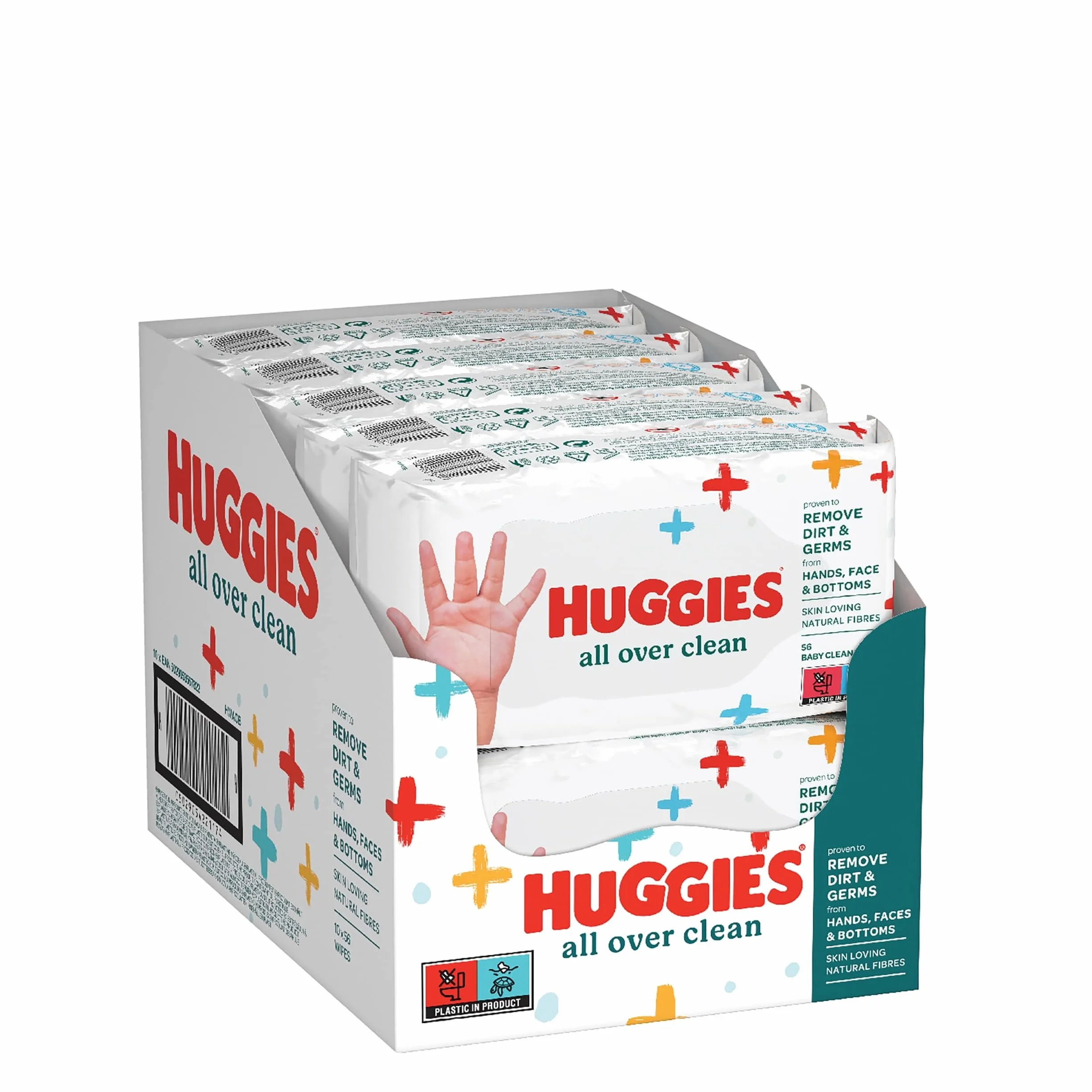 Huggies Chusteczki nawilżające dla niemowląt All Over Clean, na całe ciało, subtelne i świeże, 10 x 56 chusteczek, pudełko miesięczne