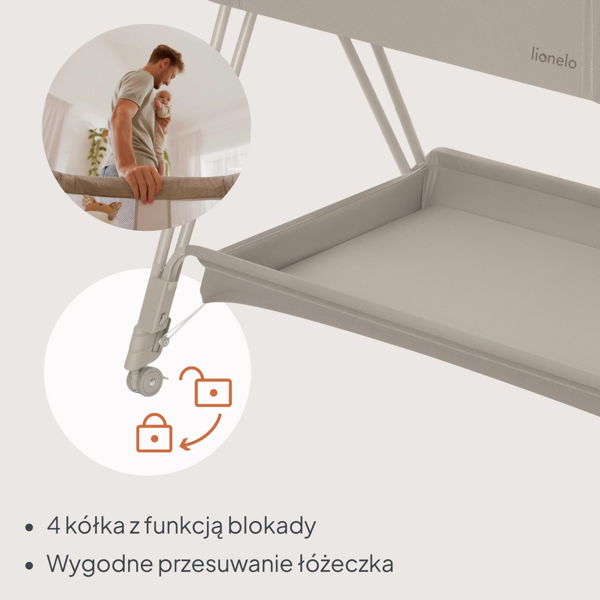LIONELO Luna przenośne łóżeczko dostawne z materacykiem, co-sleeping, od noworodka do 9 kg. Regulowana wysokość i pochył, 4 kółka z blokadą, mocowanie do łóżka rodziców, przewiewne