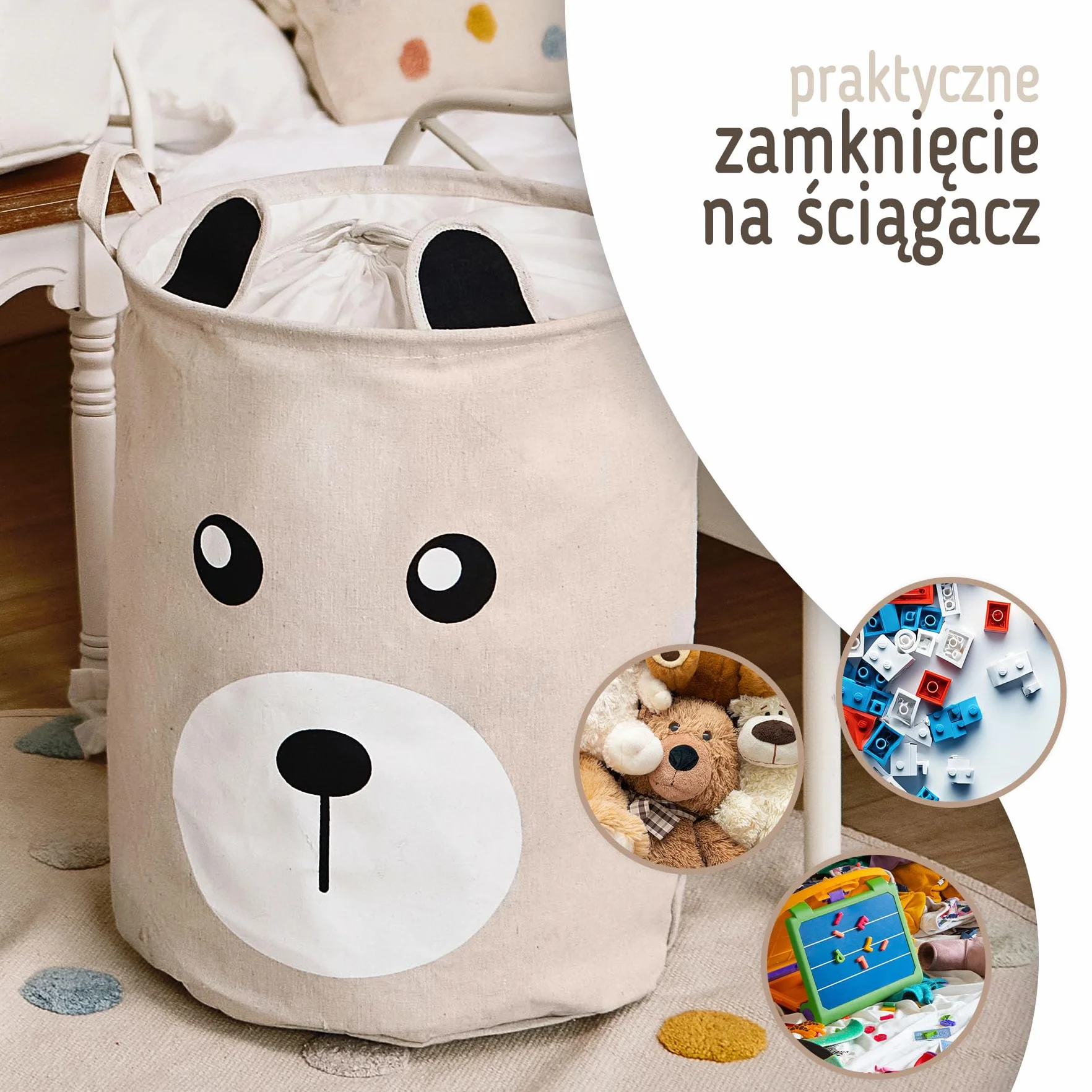 SIPO Kosz Do przechowywania Zabawek Do Pokoju Dziecięcego Bawełniany Składany Wodoodporny Na pranie Organizer Na Zabawki Zamykany Na Ściągacz z Uchwytami Beżowy Miś Duży Rozmiar XL Neutralny
