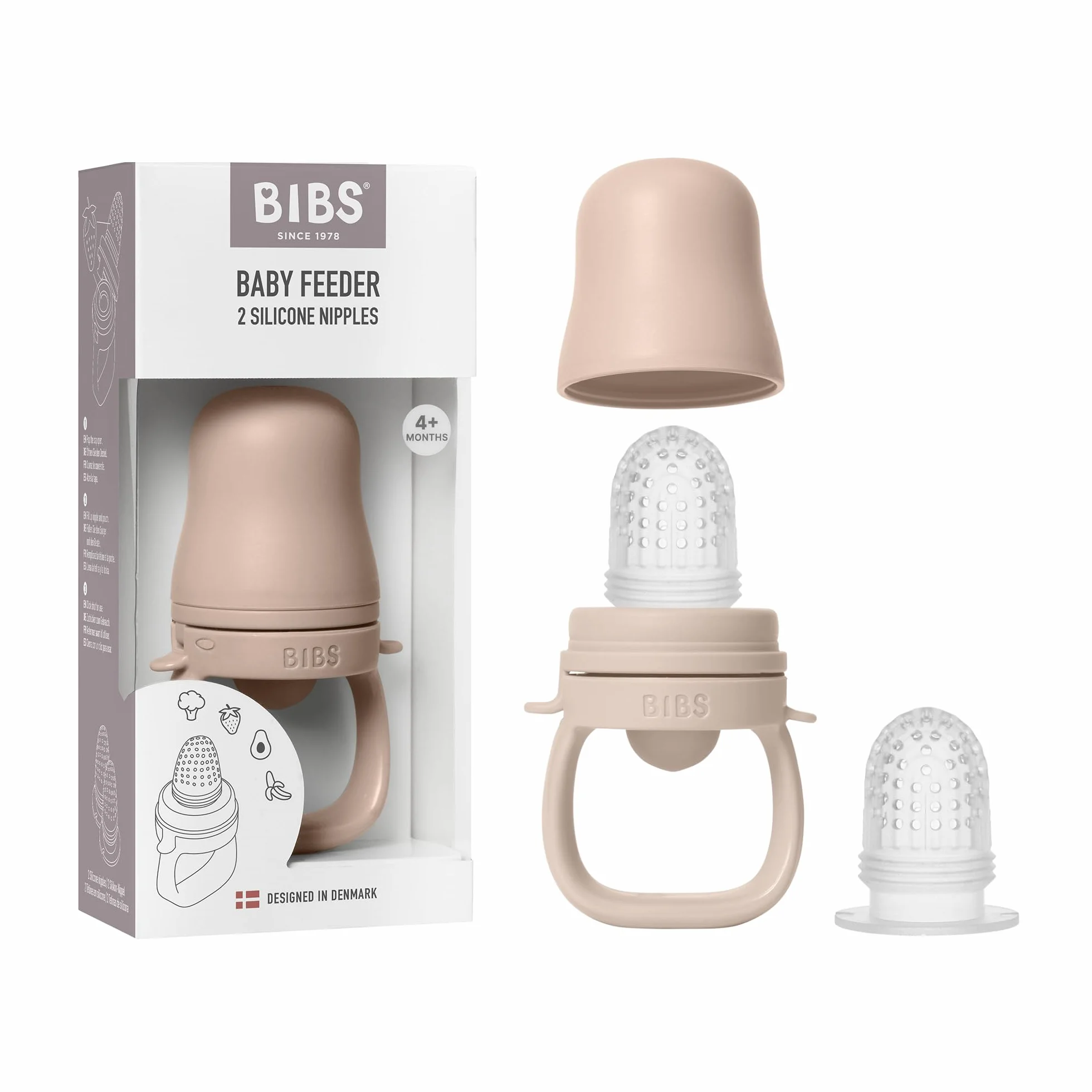 BIBS Baby Feeder with 2 Silicone Nipples, Compatible with Freezer Tray, Easy-Grip, BPA-Free - Ideal for Teething & Self-Feeding, 4+ Months - Blush