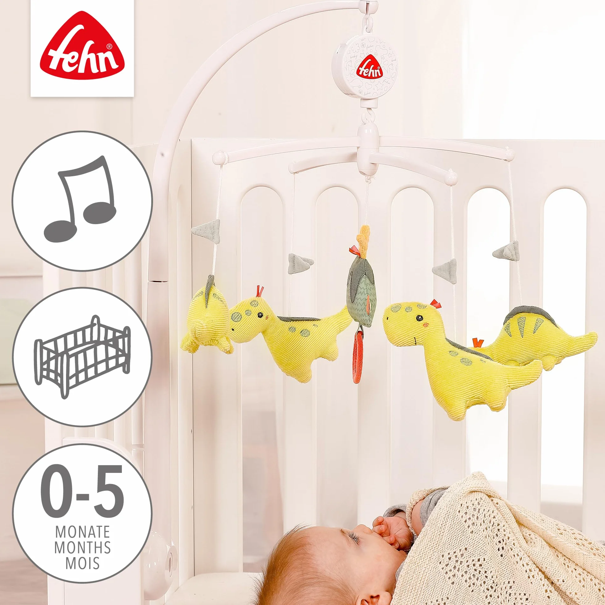 Fehn Musik-Mobile Happy Dino Aufzieh-Mobile mit Spieluhr-Melodie Brahms Wiegenlied und Figuren zur Beruhigung & Beschäftigung mit Bett-Befestigung für Babys von 0-5 Monaten