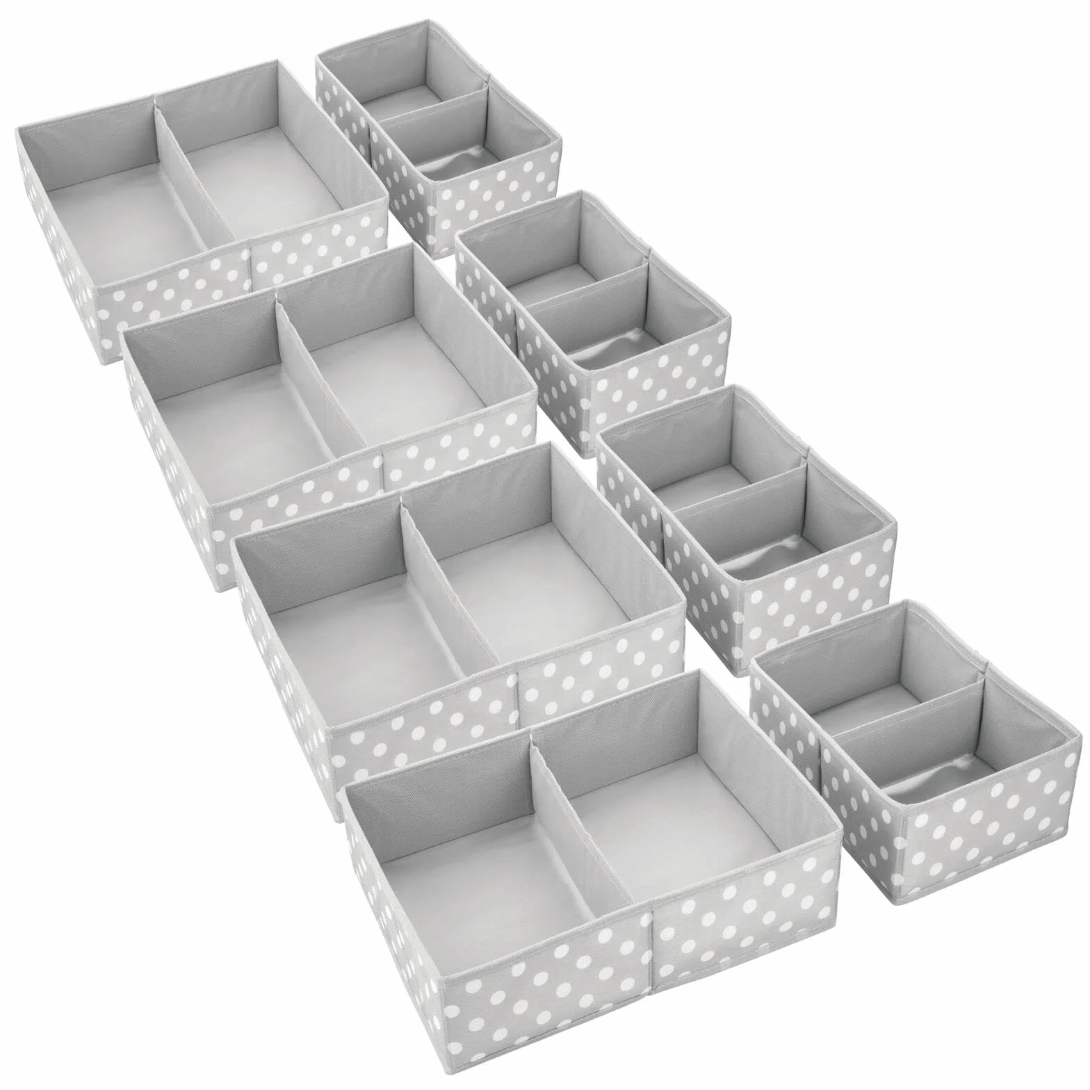 mDesign Pudełko do przechowywania w zestawie 8 sztuk - 2 różnych rozmiarach z 2 przegródkami każda do pokoju dziecięcego - kosze do przechowywania w kropki - szare i białe