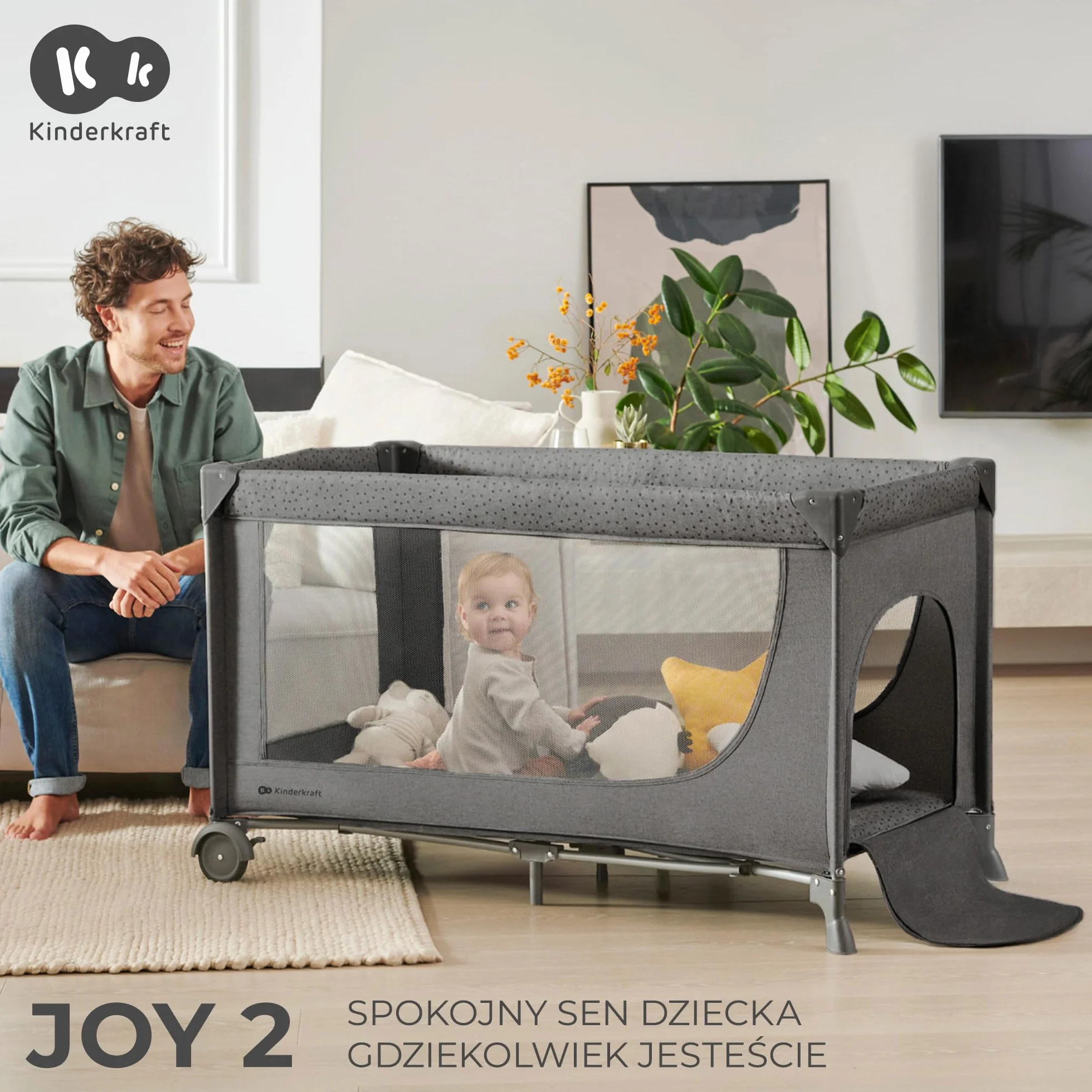 Kinderkraft JOY 2 Łóżeczko turystyczne 2 w 1, Boczne wejście, Szybkie składanie i rozkładanie, Zabezpieczenie przed złożeniem, Kółka i torba ułatwiające transport, Beżowy