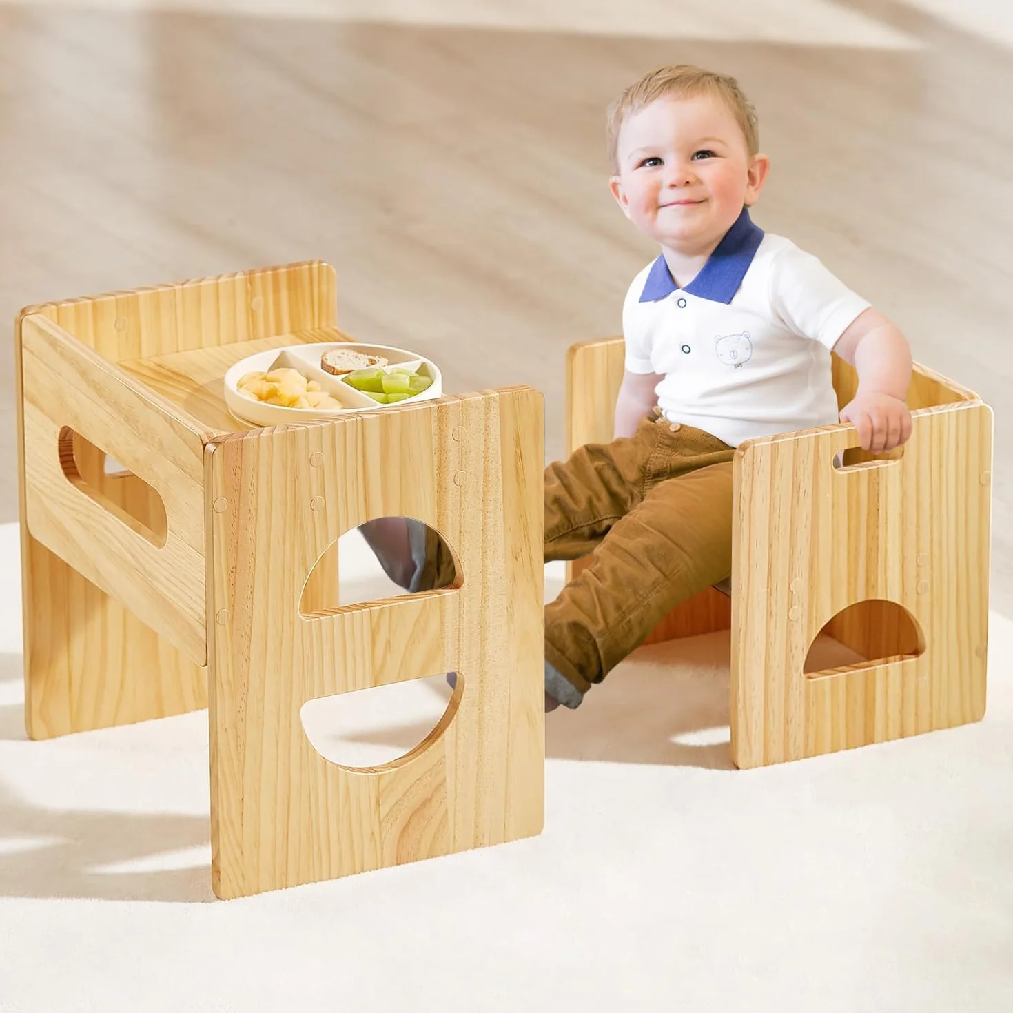 FUNLIO Zestaw stołów i krzeseł Montessori z regulacją wysokości, dla dzieci w wieku 1-3 lat, zestaw stołów i krzeseł z litego drewna, łatwy w montażu, do czytania, jedzenia, zabawy, naturalny