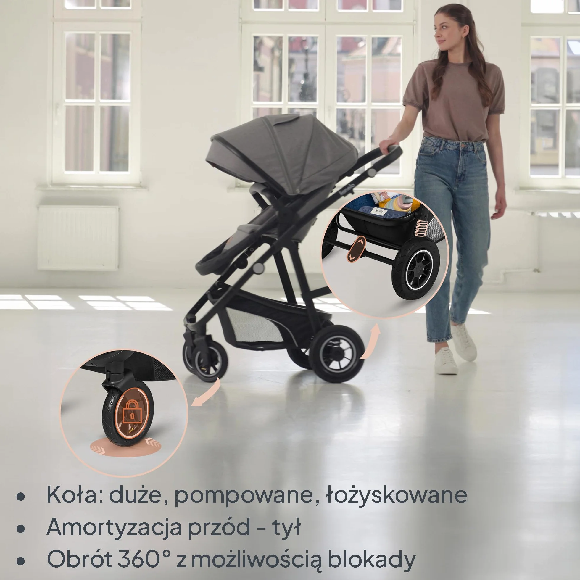 LIONELO BIANKA Wózek Spacerowy Dziecięcy 3 w 1 do 22 kg Gondola Fotelik Samochodowy do 13 kg, Składany, System Podróżny Regulacja Oparcia Koła 360o Amortyzacja, Daszek XXL (Czarny)