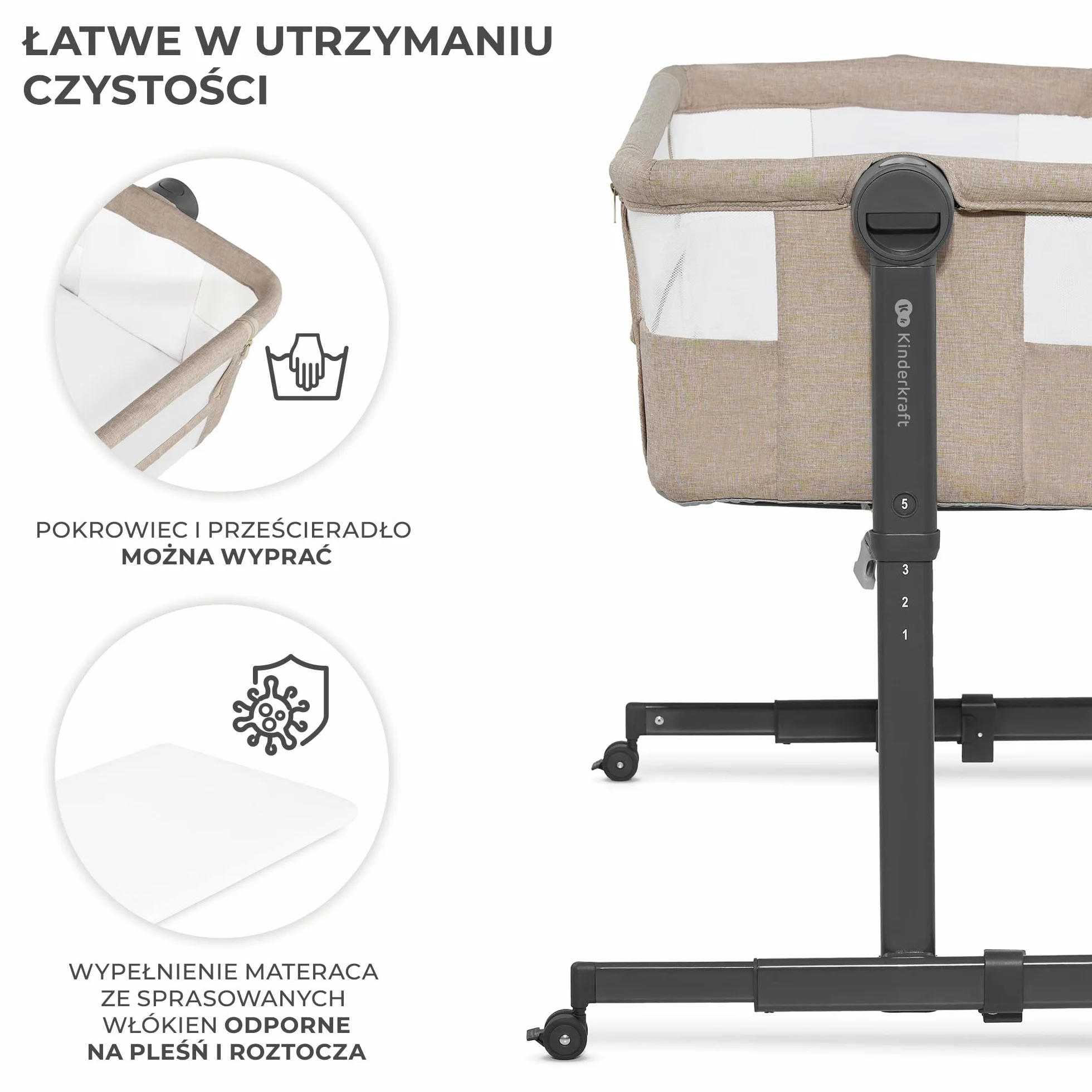 Kinderkraft NESTE UP2 Łóżeczko dostawne dziecięce, regulacja wysokości, materac, do 9 kg, Beżowy
