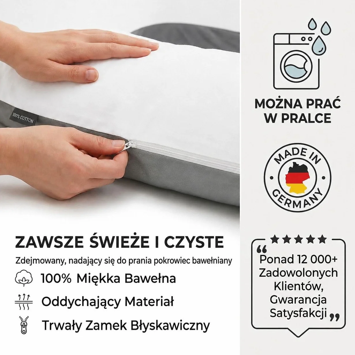 Poduszka ciążowa SMOOTHY XXL w kształcie litery U 150x80 cm, ze zdejmowaną poszewką bawełnianą