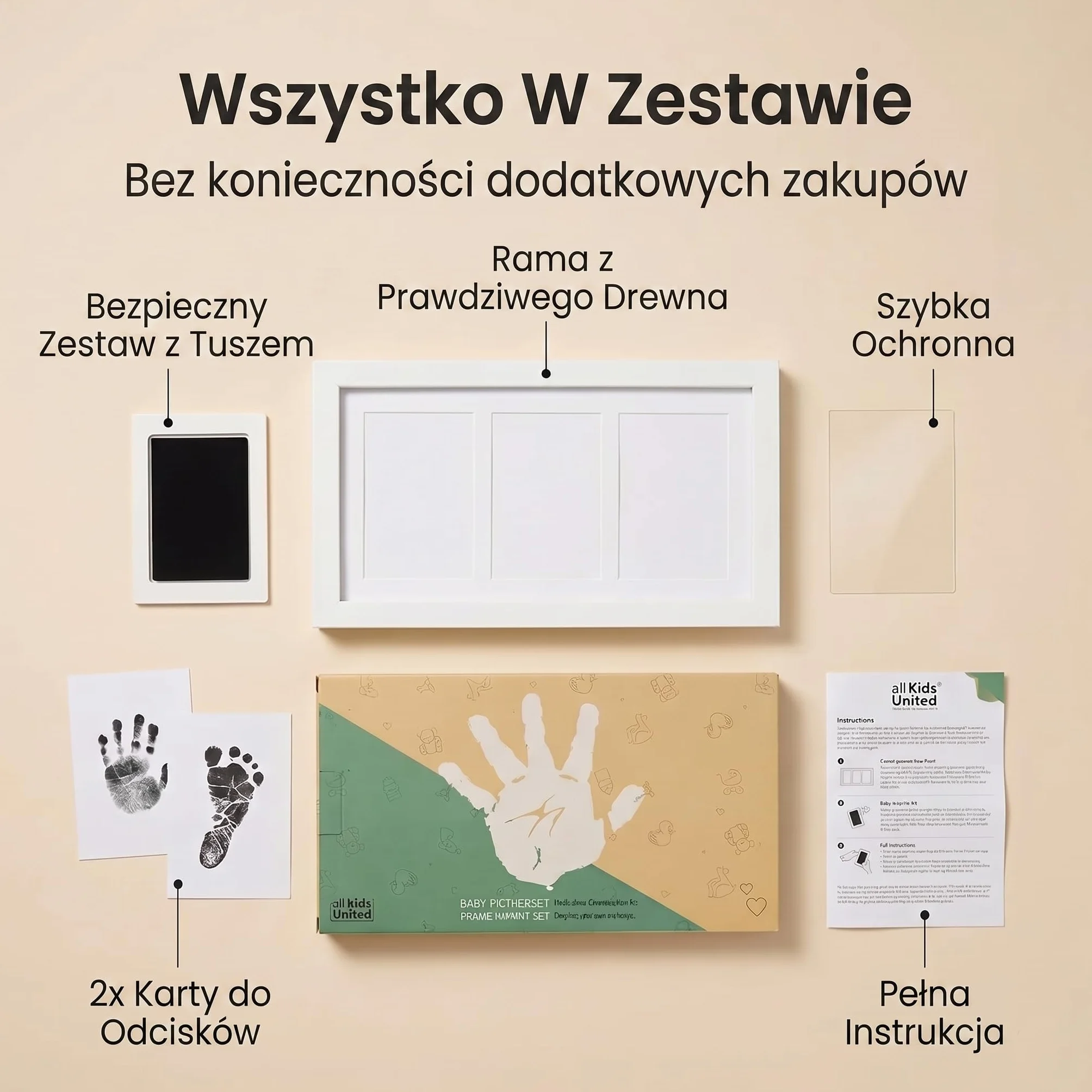 Baby Photo Frame Imprint/Ink Set - ramka na odciski dłoni, stóp i zdjęcia; zestaw upominkowy z okazji narodzin, chrztu, rozstania z dzieckiem itp. 3-częściowy biały (Atrament)