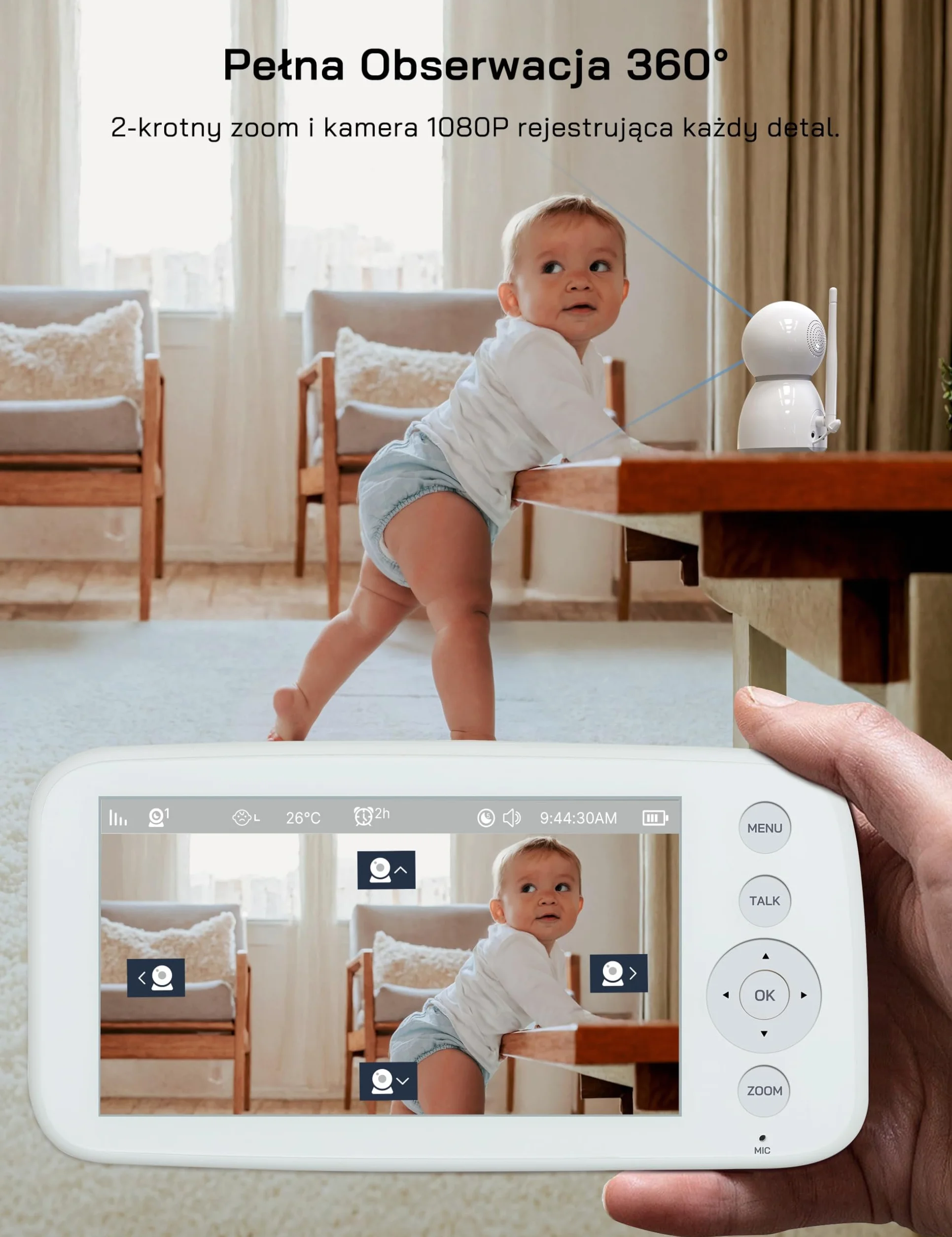 WOLFANG WB03 Baby Monitor 5" 720P z 10-godzinną baterią, kamera 1080P z noktowizorem i 2-krotnym zoomem cyfrowym, monitor wideo Pan-Tilt-Zoom bez WiFi, 2-drożna rozmowa, temperatura, 8 kołysanek