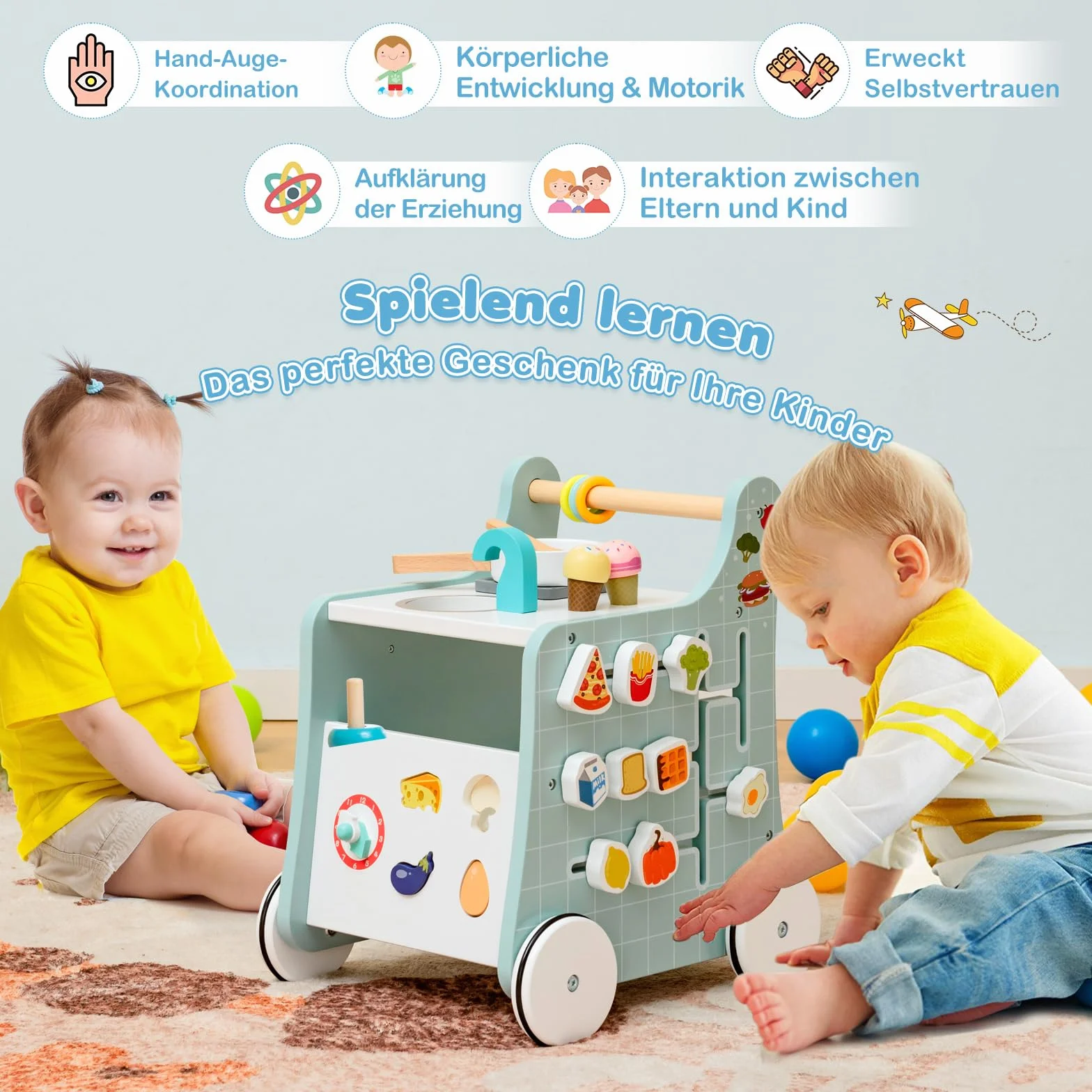 COSTWAY Drewniany wózek do nauki chodzenia 6 w 1, Baby Walker z kuchnią do zabawy