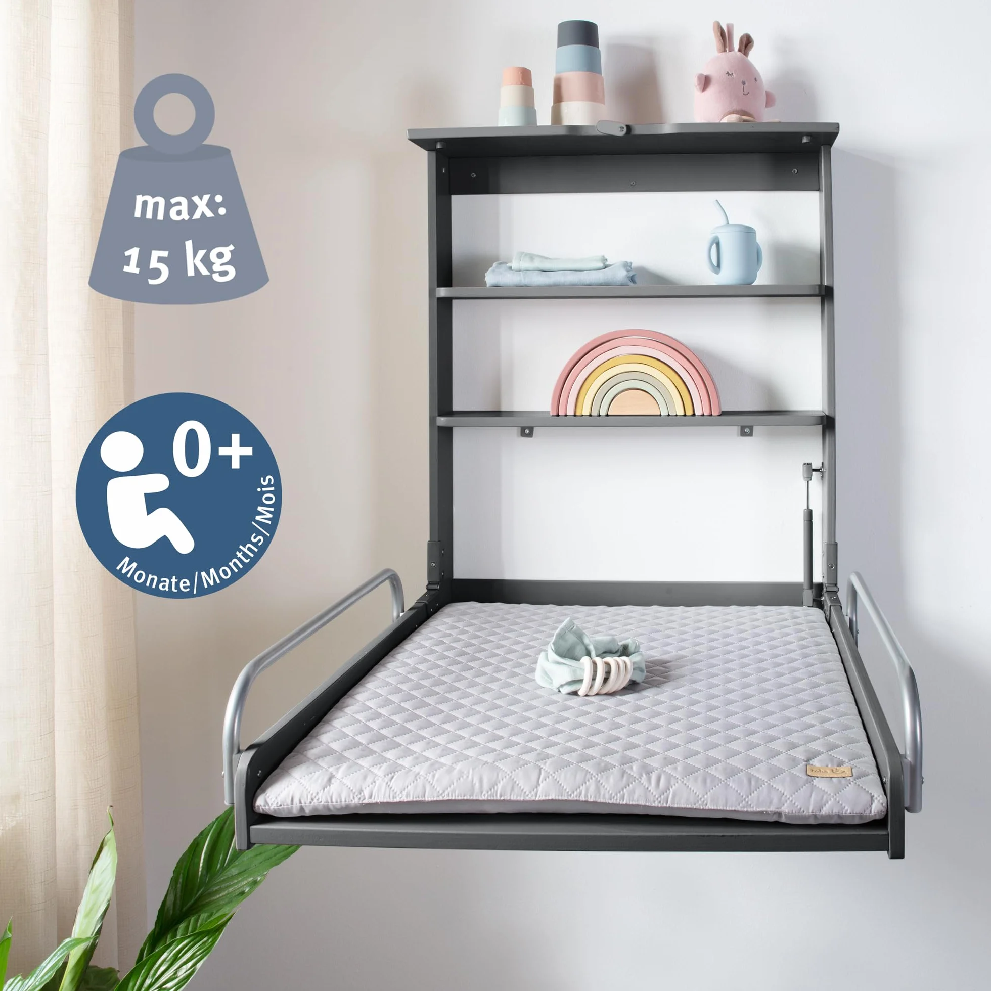 roba Antracyt Drewniany składany przewijak na pieluchy + wodoodporny materac szary styl - 2 praktyczne półki - obciążenie do 15 kg - oszczędność miejsca