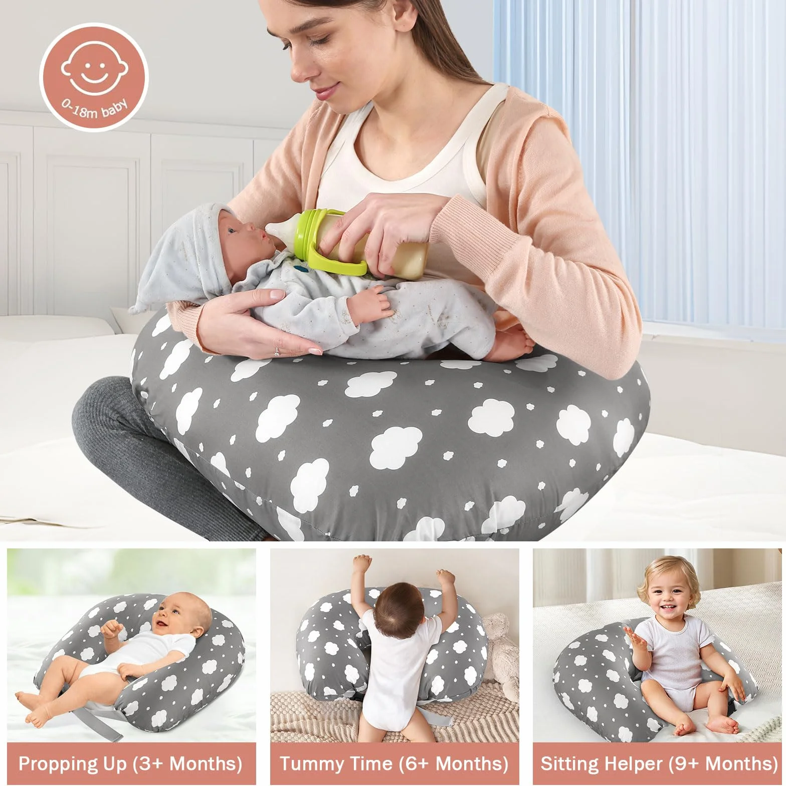 Poduszka Do Karmienia Piersią, Ergonomiczna Poduszka Podtrzymująca Dla Mam, Szeroka Poduszka Do Karmienia Z Antypoślizgowym Paskiem W Pasie I Zdejmowaną Bawełnianą Poszewką (Szary)