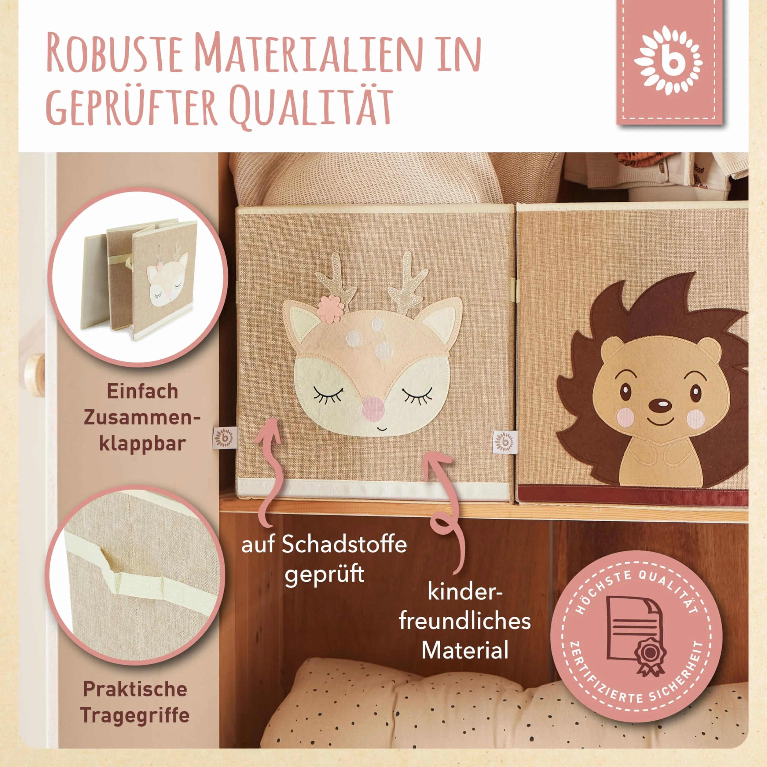 Bieco Pudełko do przechowywania dla dzieci, motyw jelenia Ella, ok. 36 l, składane, słodkie pudełko na zabawki na regał Kallax, pudełko do przechowywania, 33 x 33 x 33 cm, pudełka Kallax do