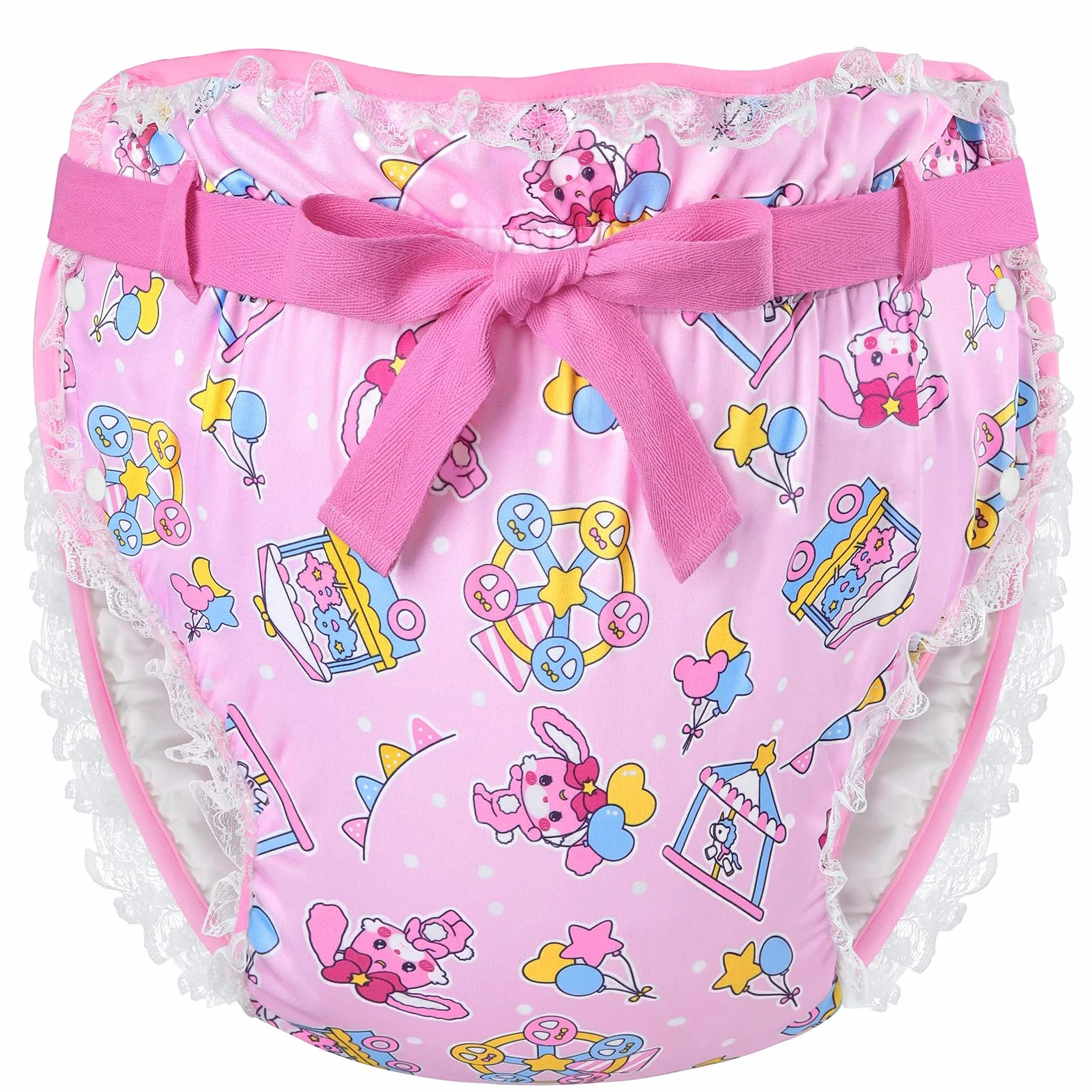 LittleForBig Jedwabisty pasek dla dorosłych Omutsu pieluchy, poszewka, możliwość prania, regulowany, wielokrotnego użytku, wodoszczelny, pastelowy wzór cyrkowy, Rosa, M