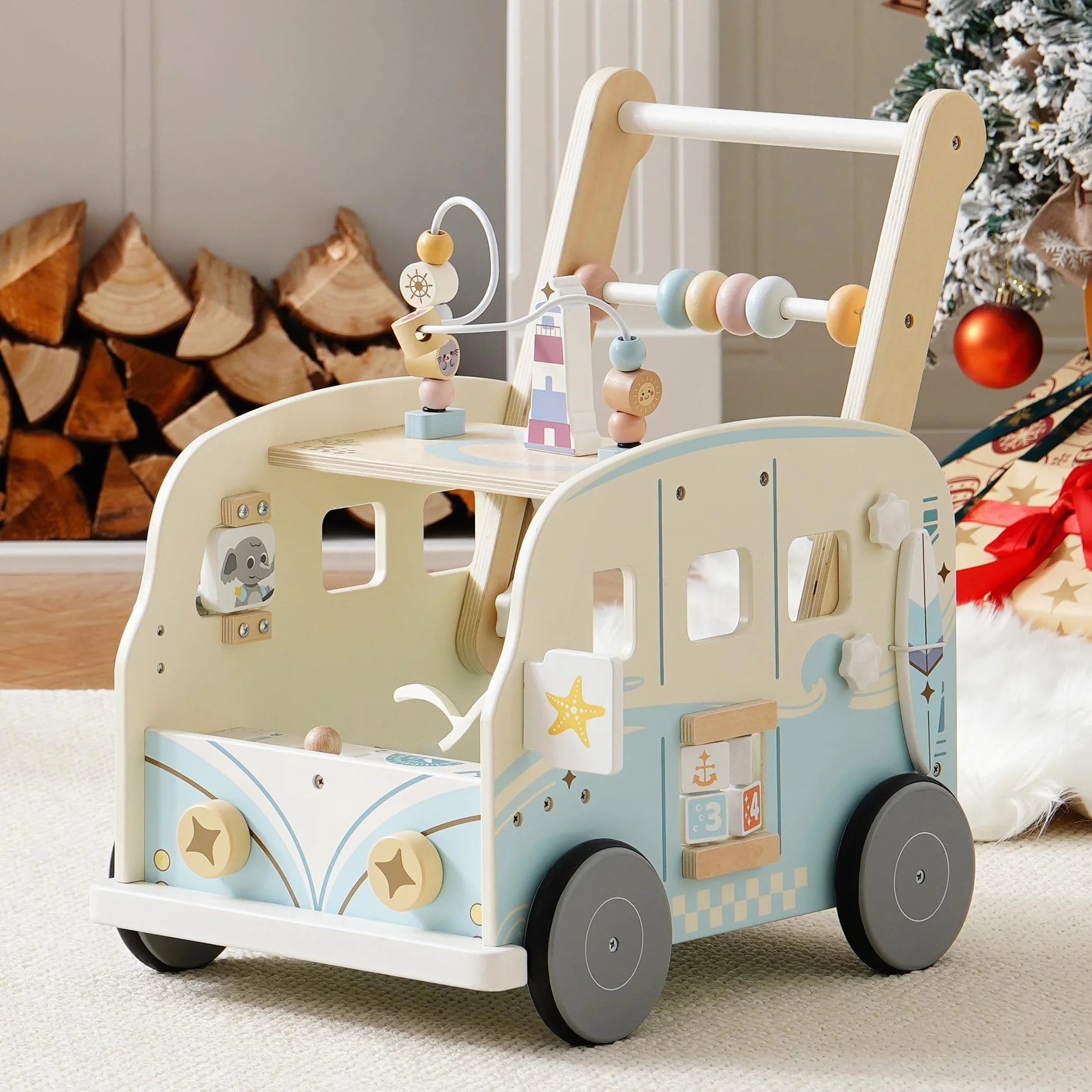ROBOTIME Drewniany wózek do nauki chodzenia dla niemowląt, centrum aktywności Montessori