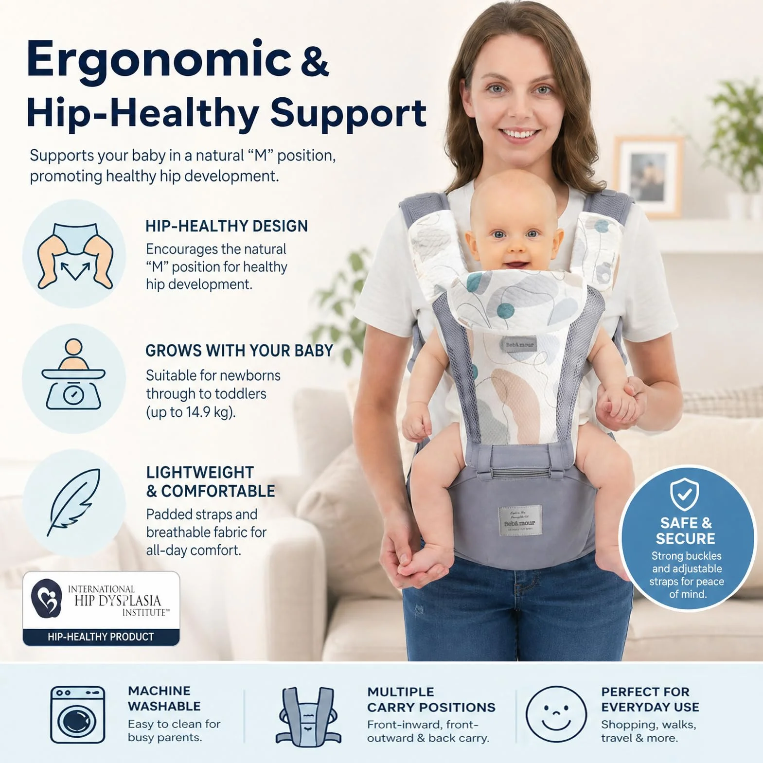 Bebamour Ergonomiczne nosidełko dla niemowląt z siedziskiem biodrowym/czysta bawełna, lekka, oddychająca, wielofunkcyjna, dla niemowląt na 0-36 miesięcy (Air Grey with Designed)