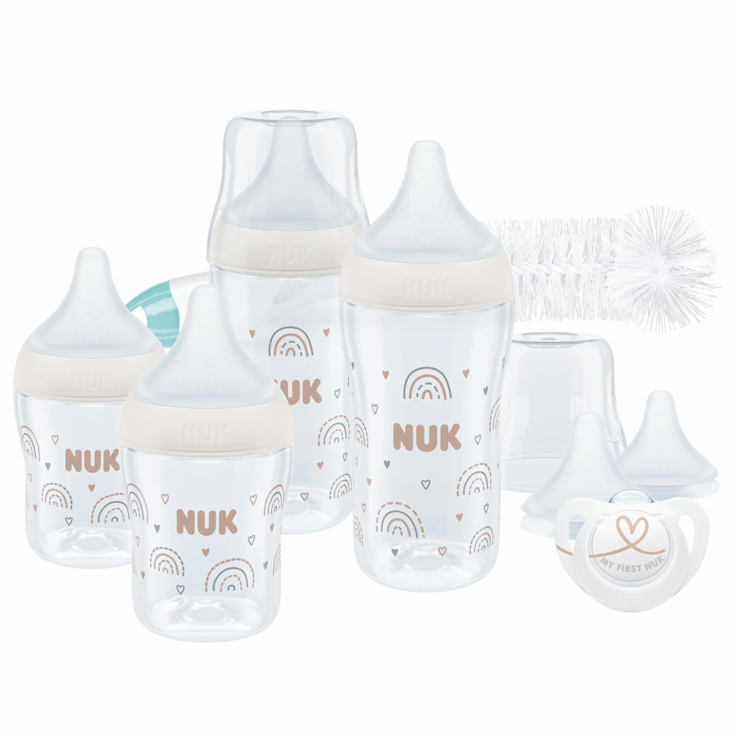 NUK Perfect Match Perfect Start Zestaw butelek dla niemowląt, 0-6 miesięcy, dostosowują się do podniebienia dziecka, 4 x antykolkowe butelki dla niemowląt, smoczek, szczotka do butelek i inne, bez