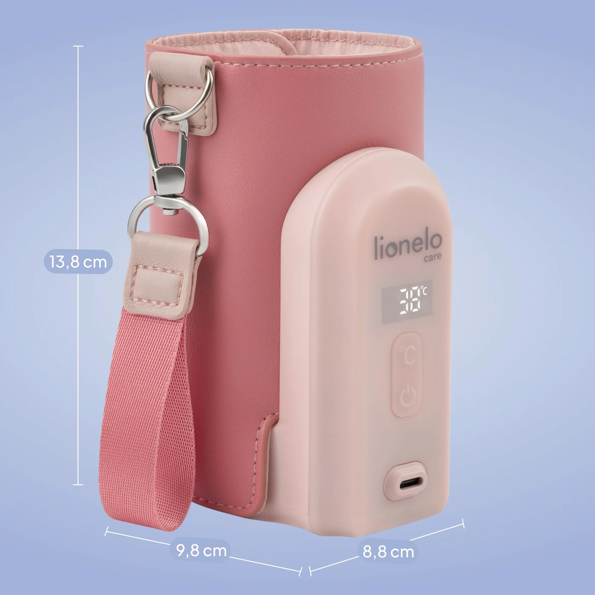 LIONELO Thermup Go Evo Przenośny Podgrzewacz do Butelek dla Niemowląt, 5 Temperatur, USB-C, LCD (Różowy)
