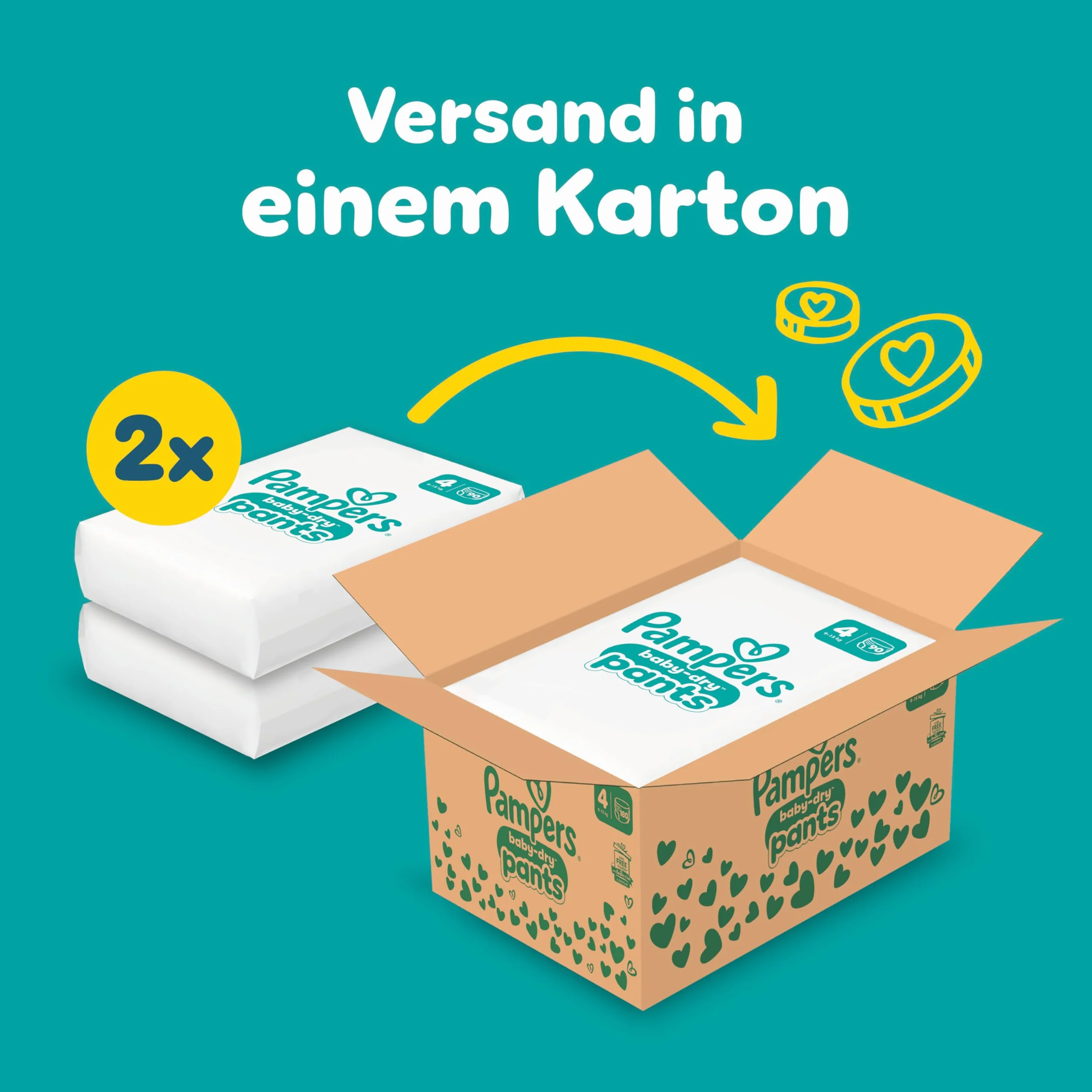 Pampers Spodnie Baby-Dry. Rozmiar 4, 180 pieluch-majtek, 9-15 kg, 360° Zabezpieczenie przed wyciekiem z kieszenią Stop & Protect na noc do 100% bez wycieków, opakowanie 1 miesiąc