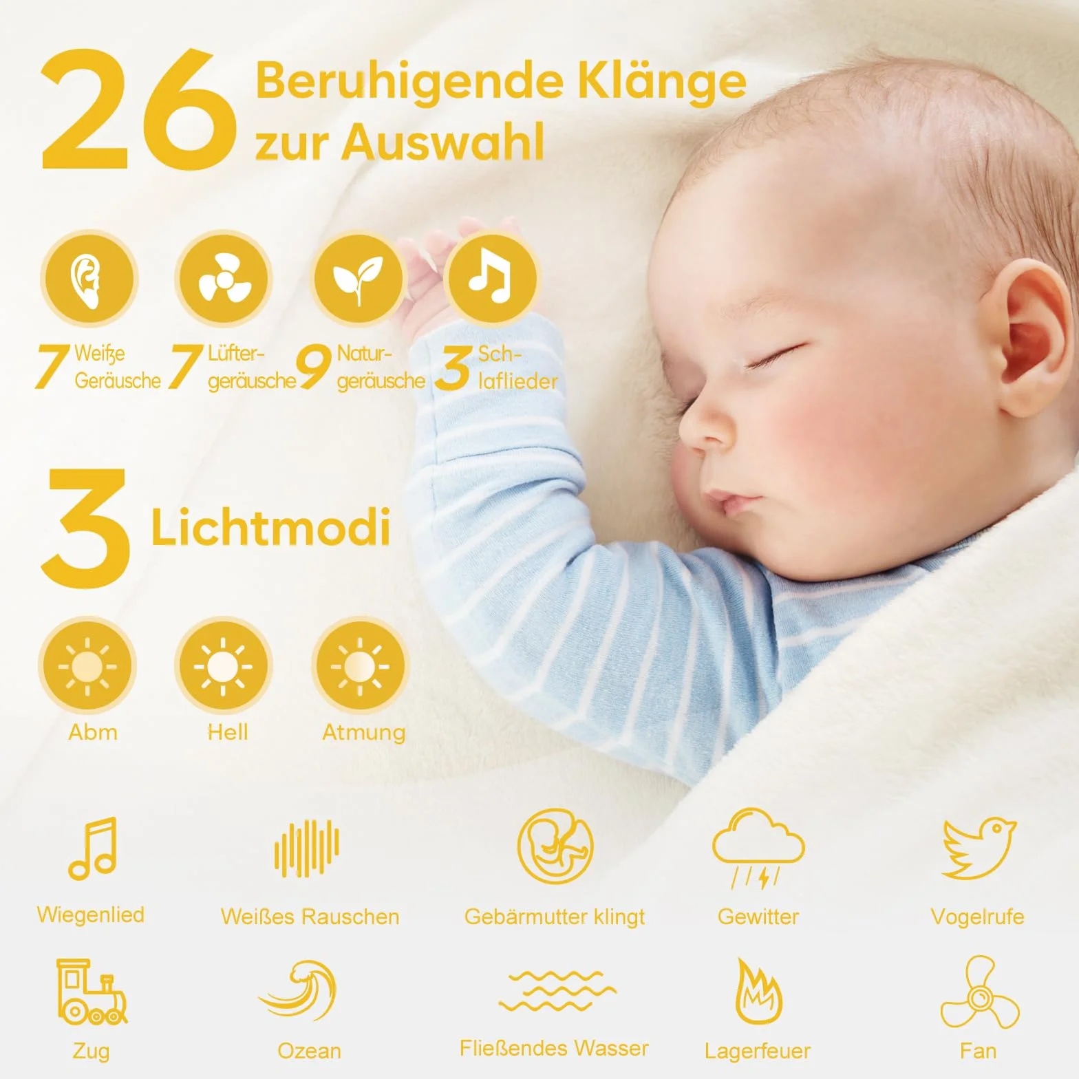 Easy@Home White Noise Machine: Przenośna pomoc w zasypianiu dzieci z białym hałasem | Lampka nocna | 26 kojących kołysanek i dźwięków natury | 3 ustawienia timera | 7 kolorowych oświetlenia i USB