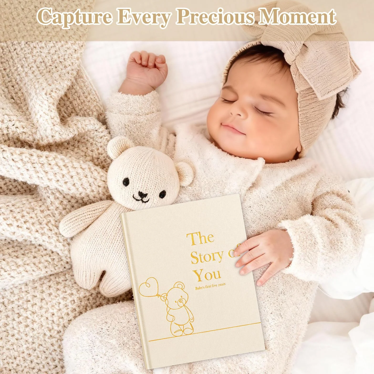 Lanpn Album ze zdjęciami dla dziecka Pierwszy 5 Rok, The Story of Your Baby Memory Book, Pamiętnik Baby Book, Dziennik dla noworodków Prezent (beżowy, angielski, 154 strony)
