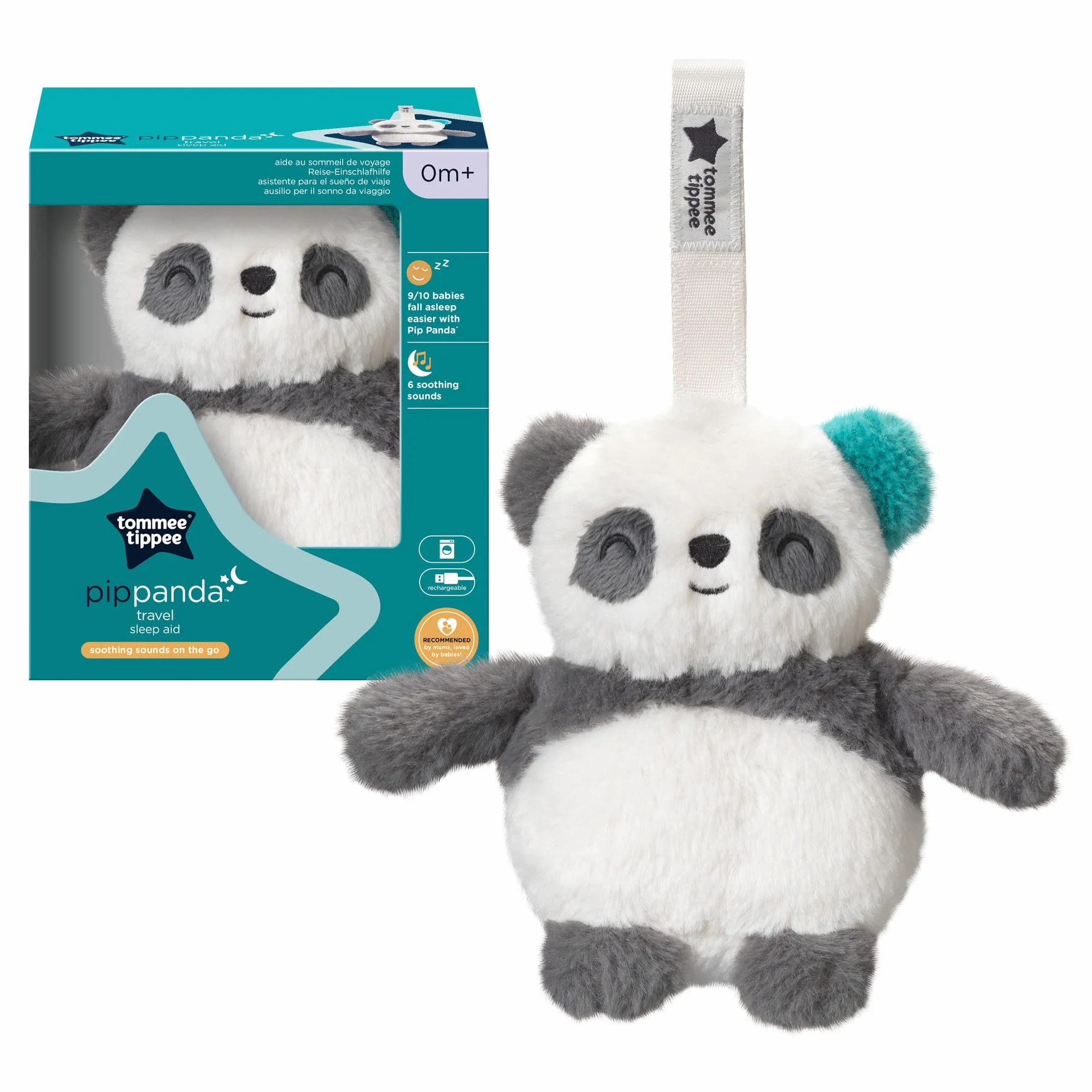 Tommee Tippee Mini podróżna pomoc w zasypianiu z białym szumem, CrySensor, ładowana przez USB i można prać w pralce, Pip The Panda