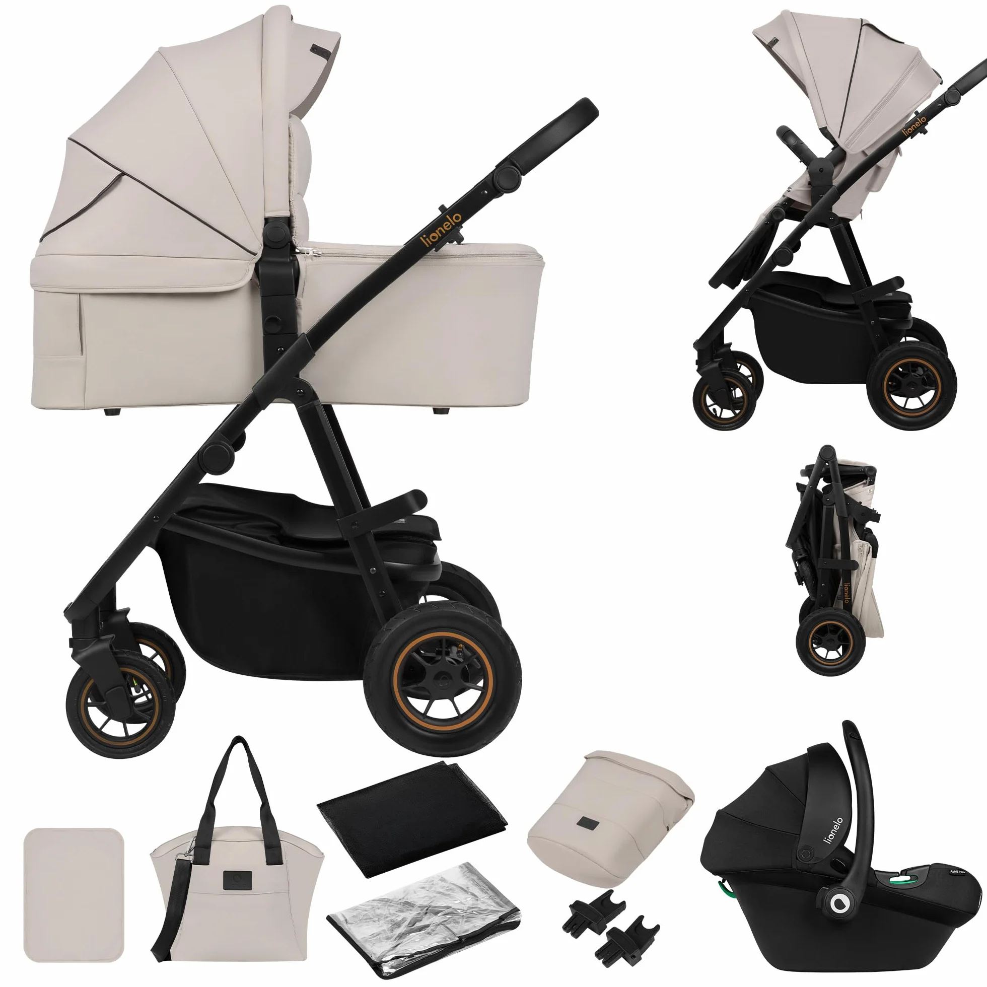 LIONELO AMBER PLUS 3w1 Wielofunkcyjny Wózek Dziecięcy od 0 do 4 lat do 22kg z Gondolą XL, Fotelik Samochodowy do 13kg, Regulacja Oparcia, Duże Terenowe Koła 360° Budka XXL
