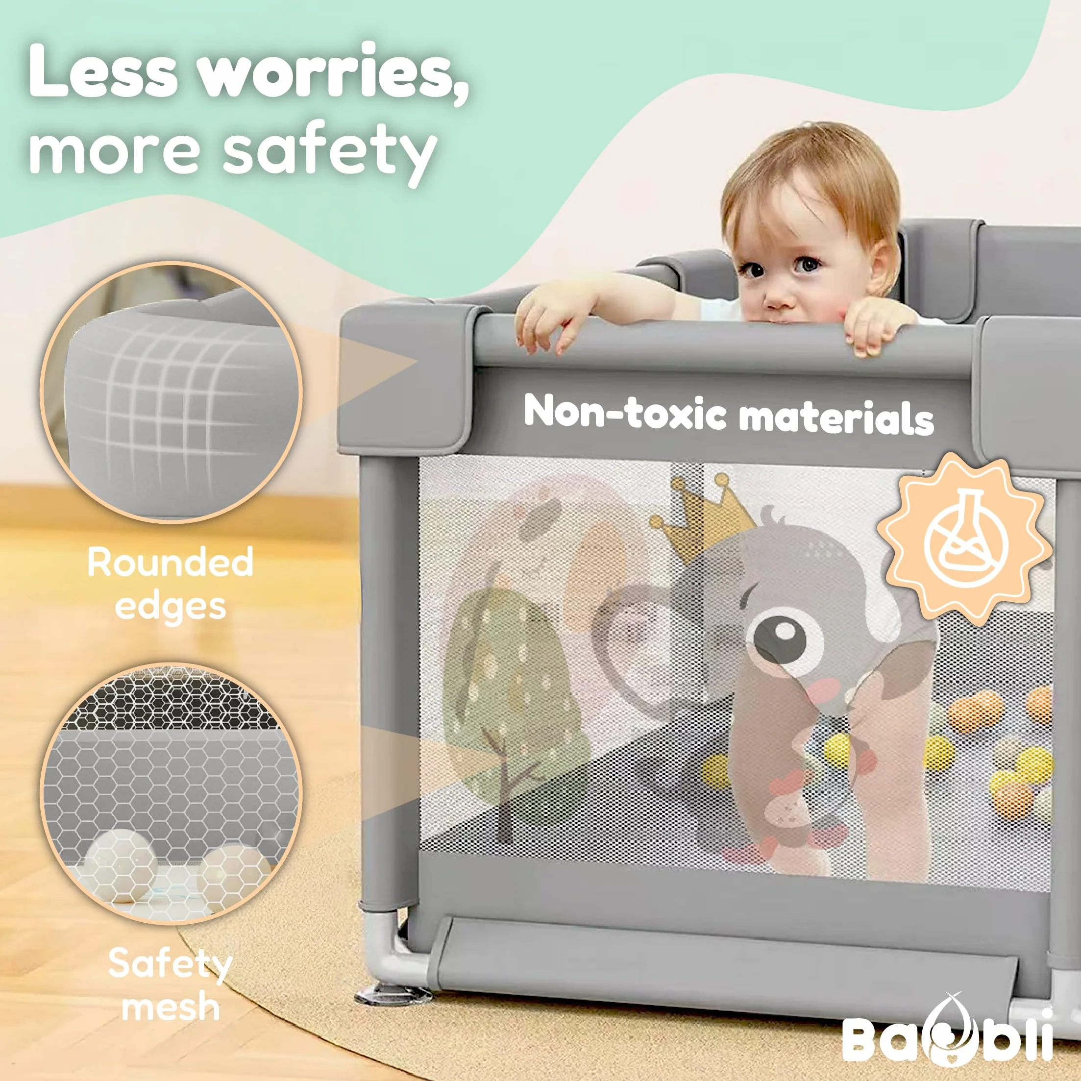 Kojec dla dzieci + mata dla dzieci + 60 piłek + uchwyty + torby transportowe - kojec dla dzieci z oddychającą siatką - plac zabaw dla dzieci - Playpen dla dzieci (180x200cm)
