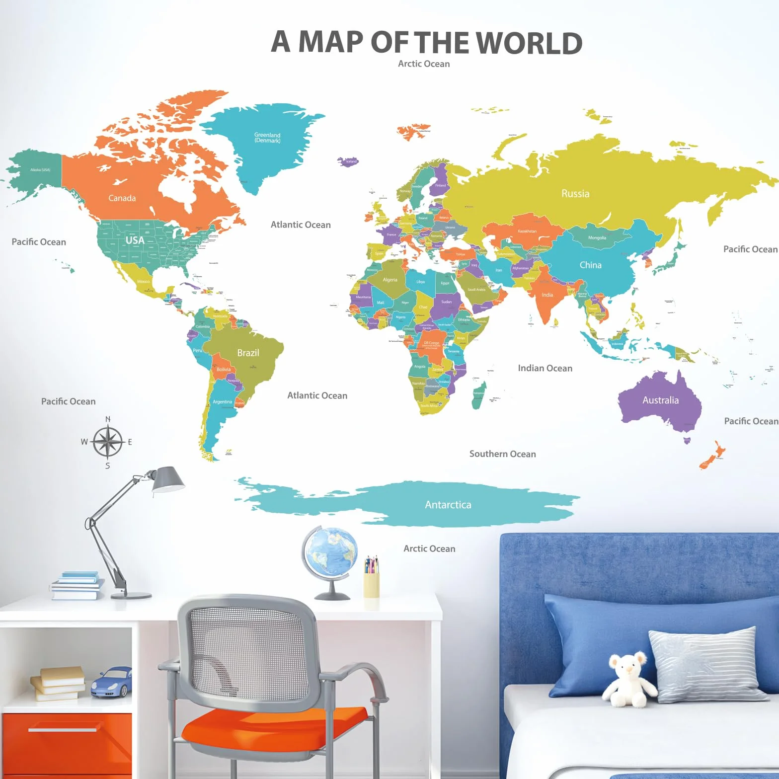 DECOWALL SG2-2414 kolorowa mapa świata tatuaż ścienny 120 x 75 cm edukacyjna dekoracja