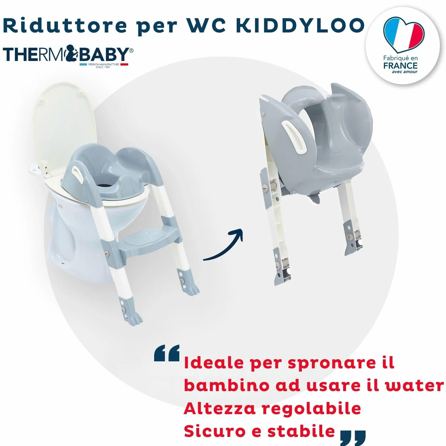 THERMOBABY - Reduktor toalety dla dzieci - Kiddyloo - Sprytna, zabawna i higieniczna - Regulowane nóżki, antypoślizgowy stopień - kompaktowe składanie - od 18 miesięcy - Made in France - Szary