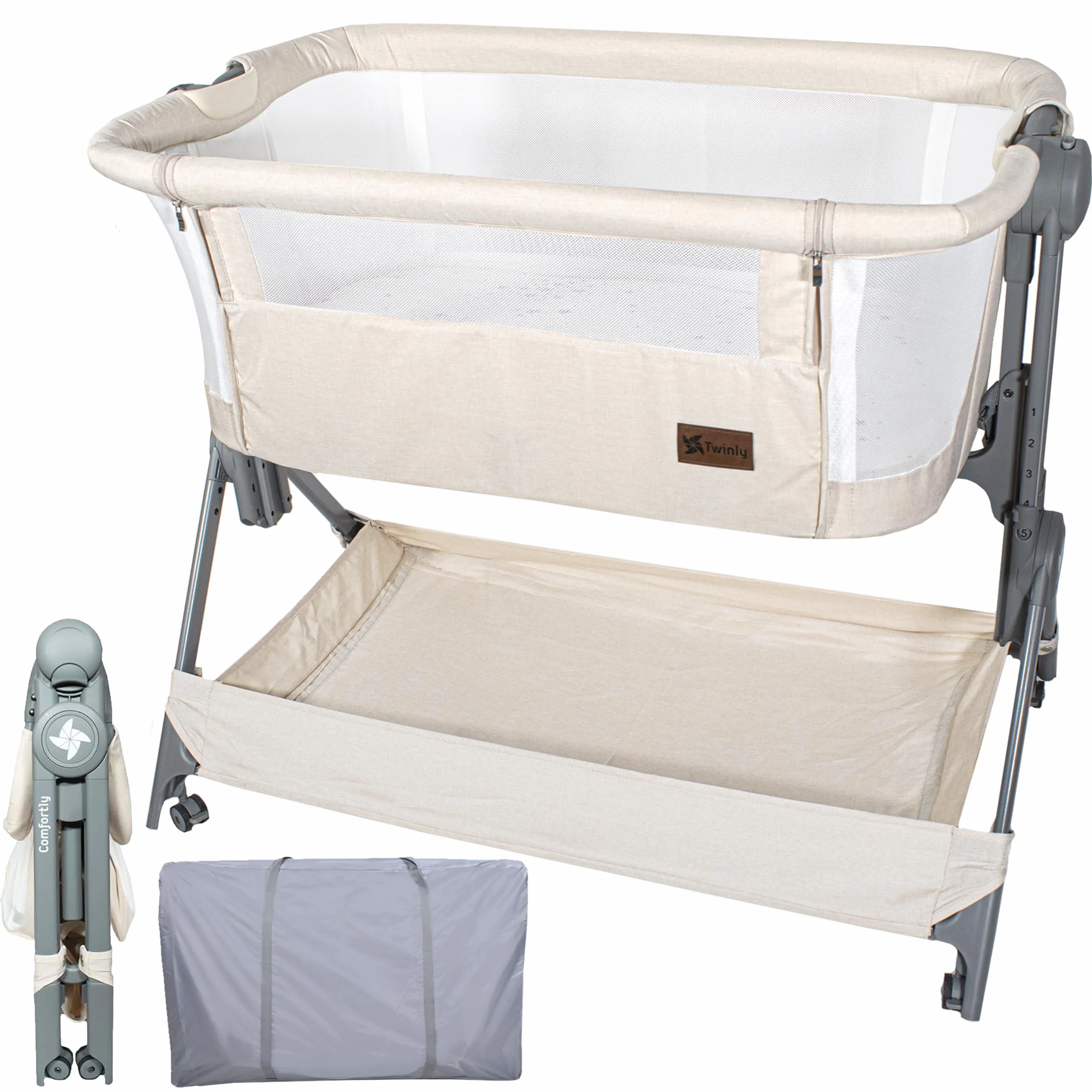 Twinly Comfortly 2 w 1 składane łóżeczko dziecięce z kółkami, regulowana wysokość, materac w zestawie