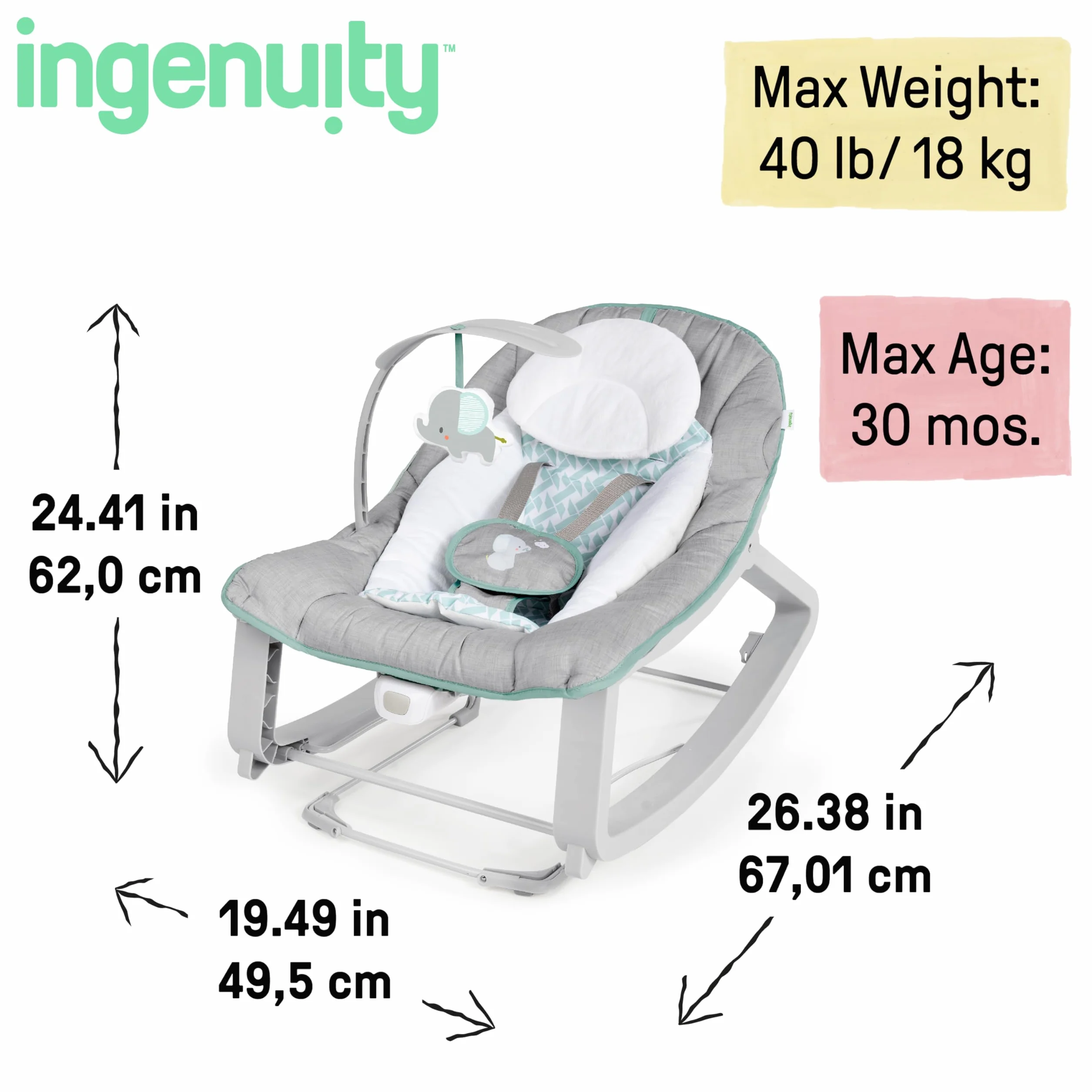 Ingenuity 12428, Leżak 3w1 Keep Cozy - Weaver, kojące wibracje, 2 pozycje nachylenia, do 18 kg, 65.5 x 51.3 x 53.3, Szare