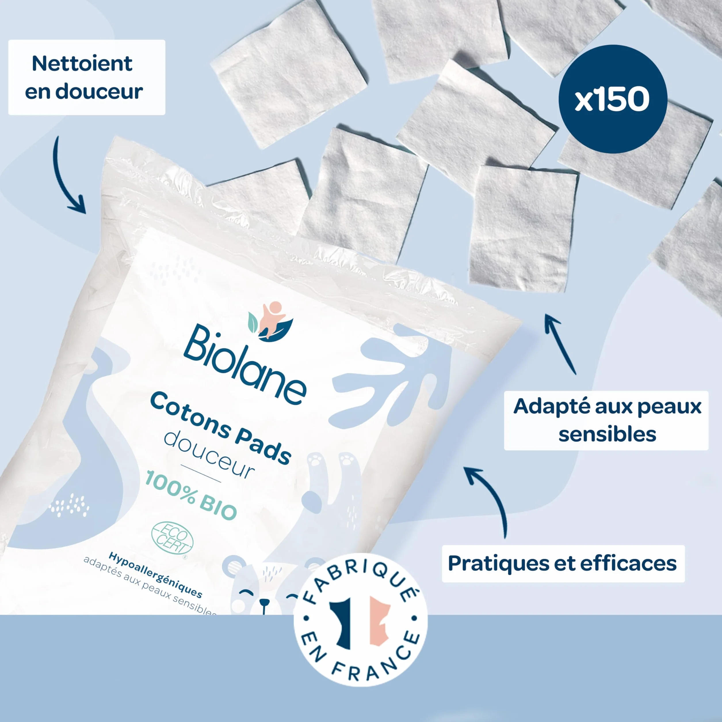 BIOLANE Zestaw 3 bawełnianych wkładek do pieluch 100% organicznych bawełna skóra wrażliwa