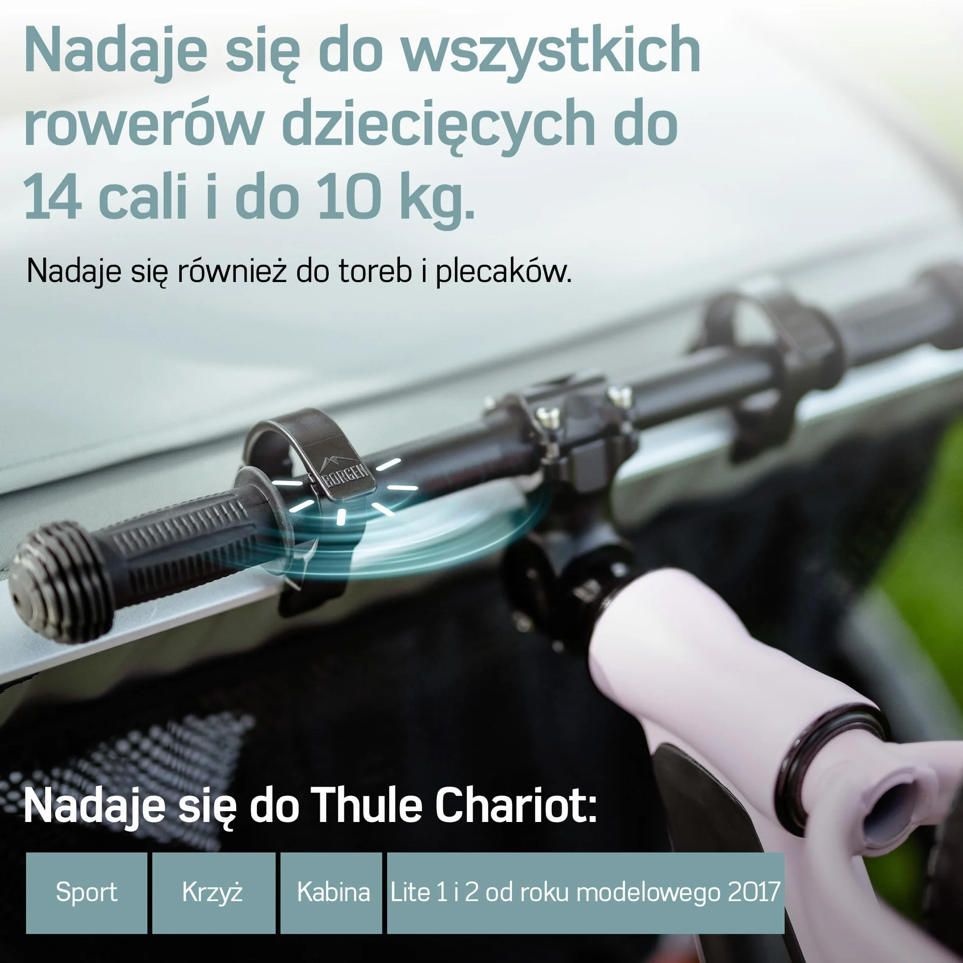 Borgen Clip – uchwyt na rower dziecięcy i rowerek biegowy do Thule Chariot od 2017 Sport, Cross, Cab, Lite 2 do 14 cali maks. 8 kg – uchwyt na rower do części zamiennych do bagażników Thule