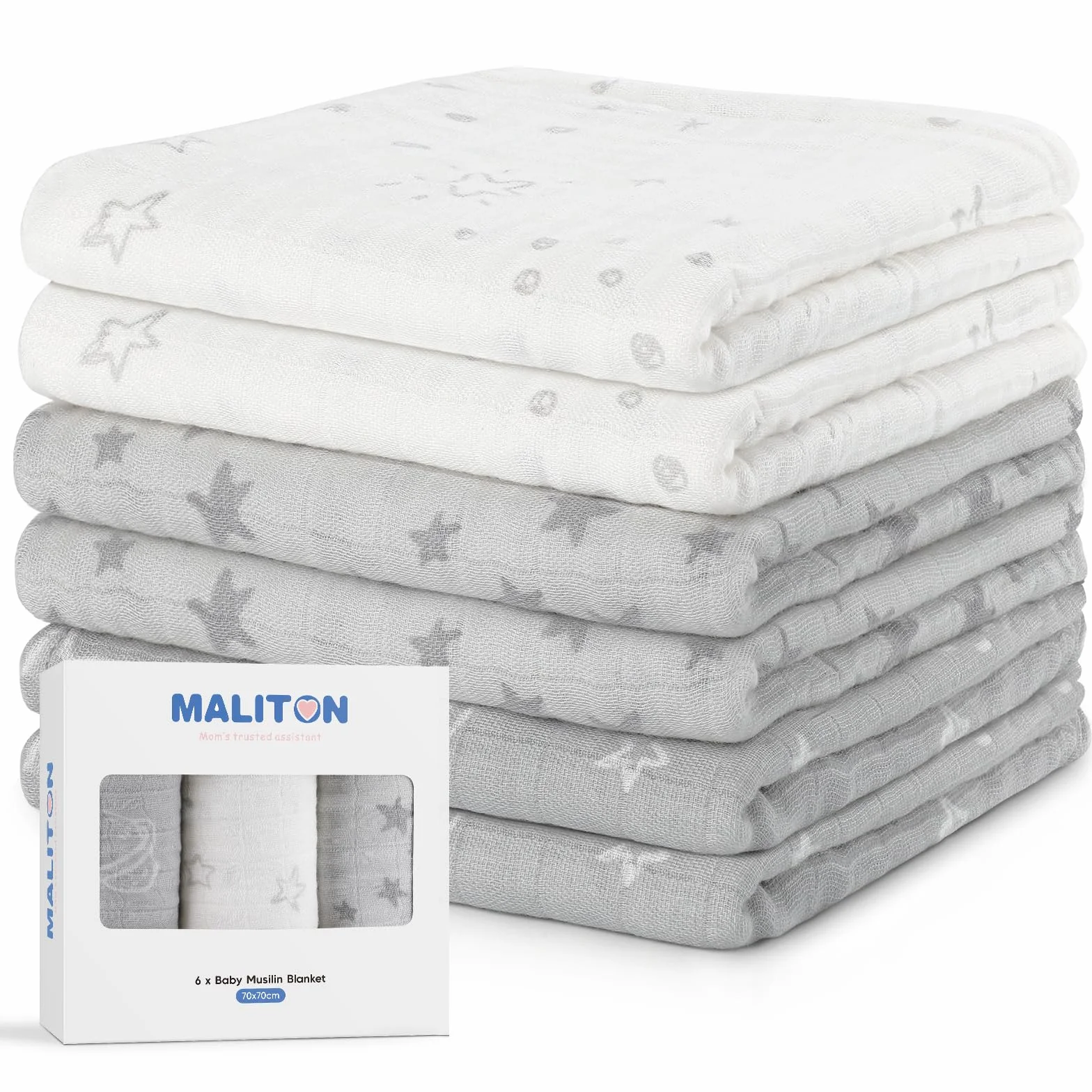 Maliton 6 ściereczek molton bawełny, 70x70 cm - miękkie, chłonne pieluchy gazy, oddychające muślinowe do czyszczenia, wycierania, przykrywania