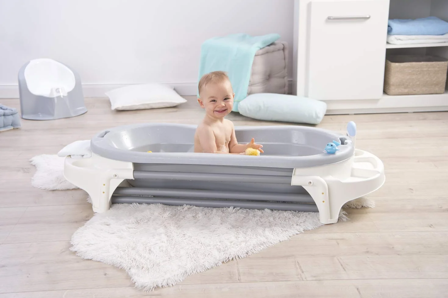 Rotho Babydesign TOP Xtra Duża wanienka z 2 matami antypoślizgowymi i korkiem spustowym, Stone Grey